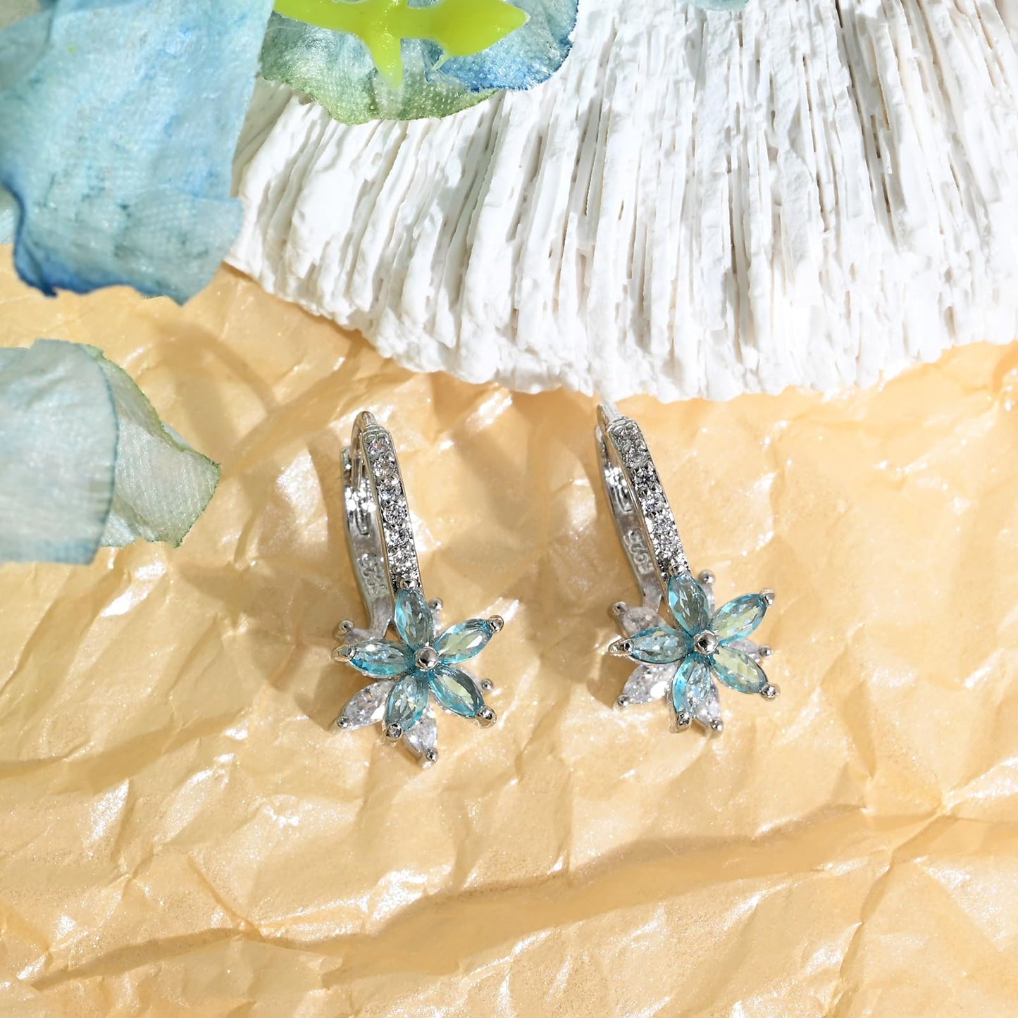 Watforsh 925 Sterling Silver Flower Earrings for Women Dangling Leverback Earrings with Aquamarine and White Crystal Double Floral