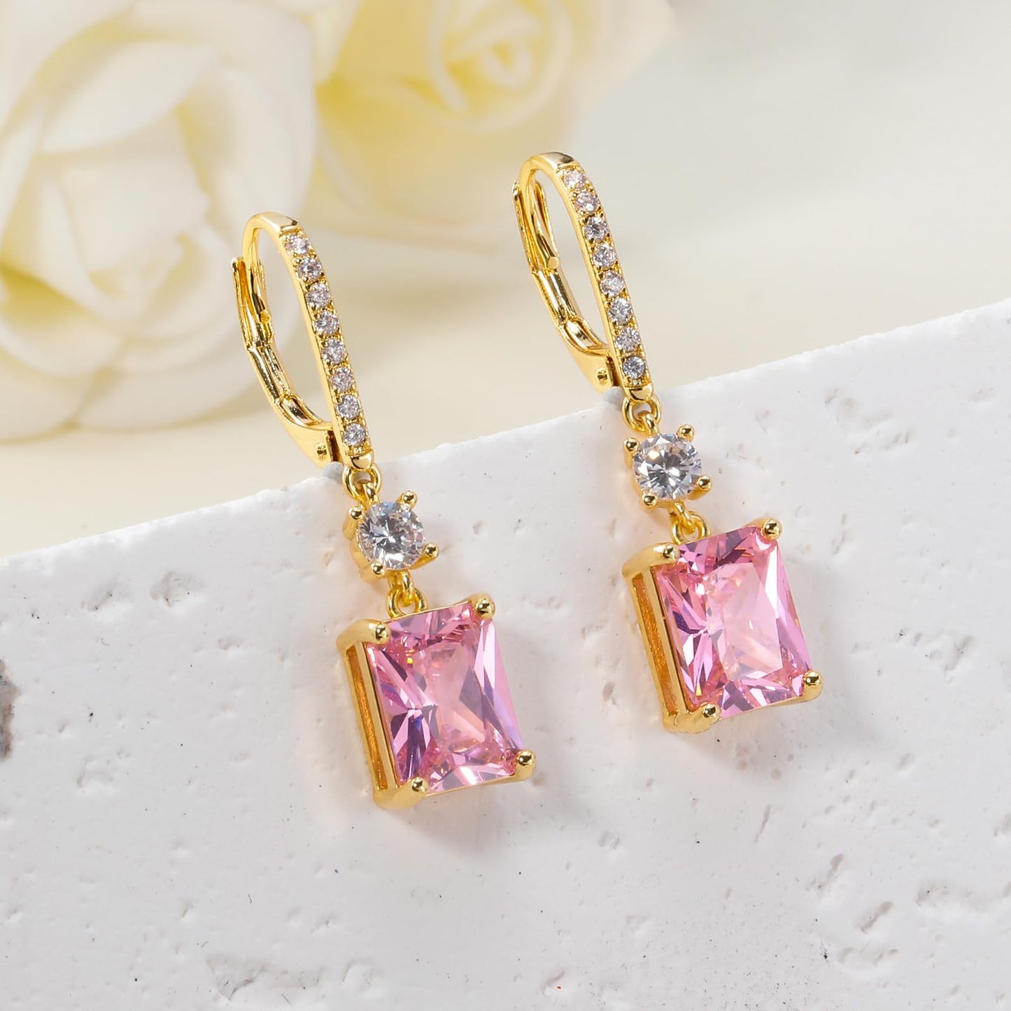 CiNily Leverback Earrings for Women Rectangular-cut Drop Dangle Earring Hypoallergenic, 14K Gold Plated Pink Cubic Zircon Earrings Diamond Dangle Ear Rings Jewelry Birthday