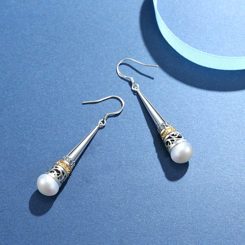 MetJakt Vintage 925 Sterling Silver Drop Earring Natural 6mm Freshwater Pearl Earring for Women's Jewelry