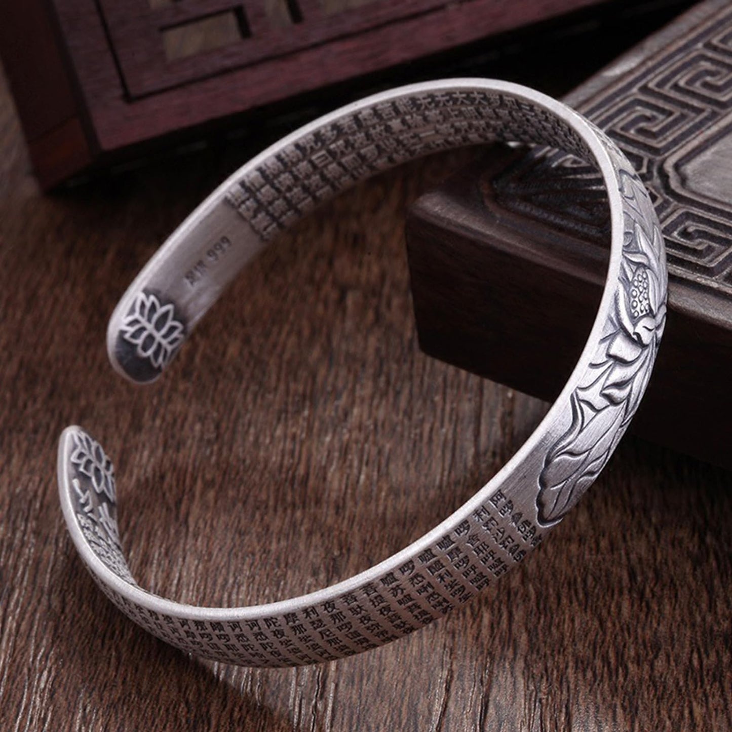 Feng Shui Lotus Heart Sutra Bracelet - Adjustable Vintage Silver Bracelet for Women Men, Tibetan Buddhist Mantra Lucky Amulet, Wealth Luck Protection Meditation Gifts (C)