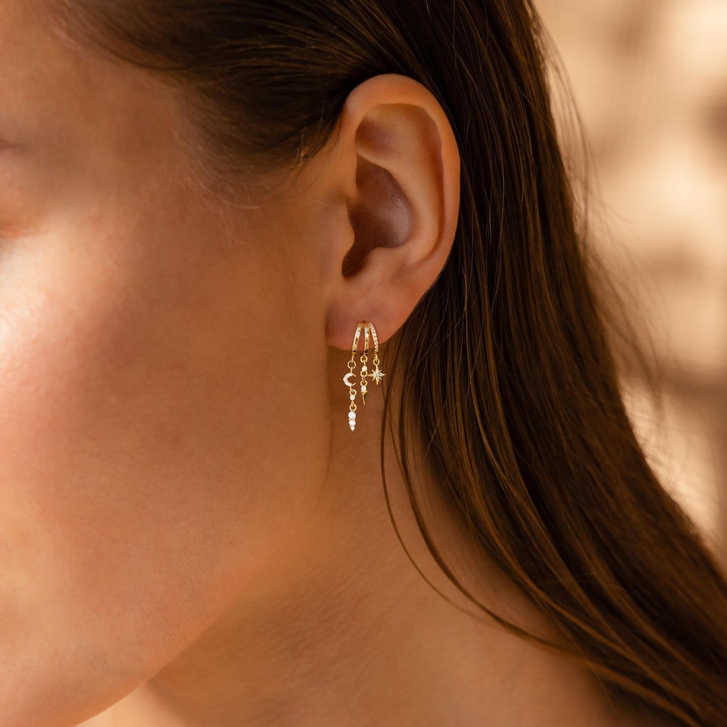 SELSHE Dangle Earrings for Women,14K Gold Plated Long Star Earrings Dainty Drop Moon Earrings Hypoallergenic Huggie Earrings for Women Trendy Womens Jewelry