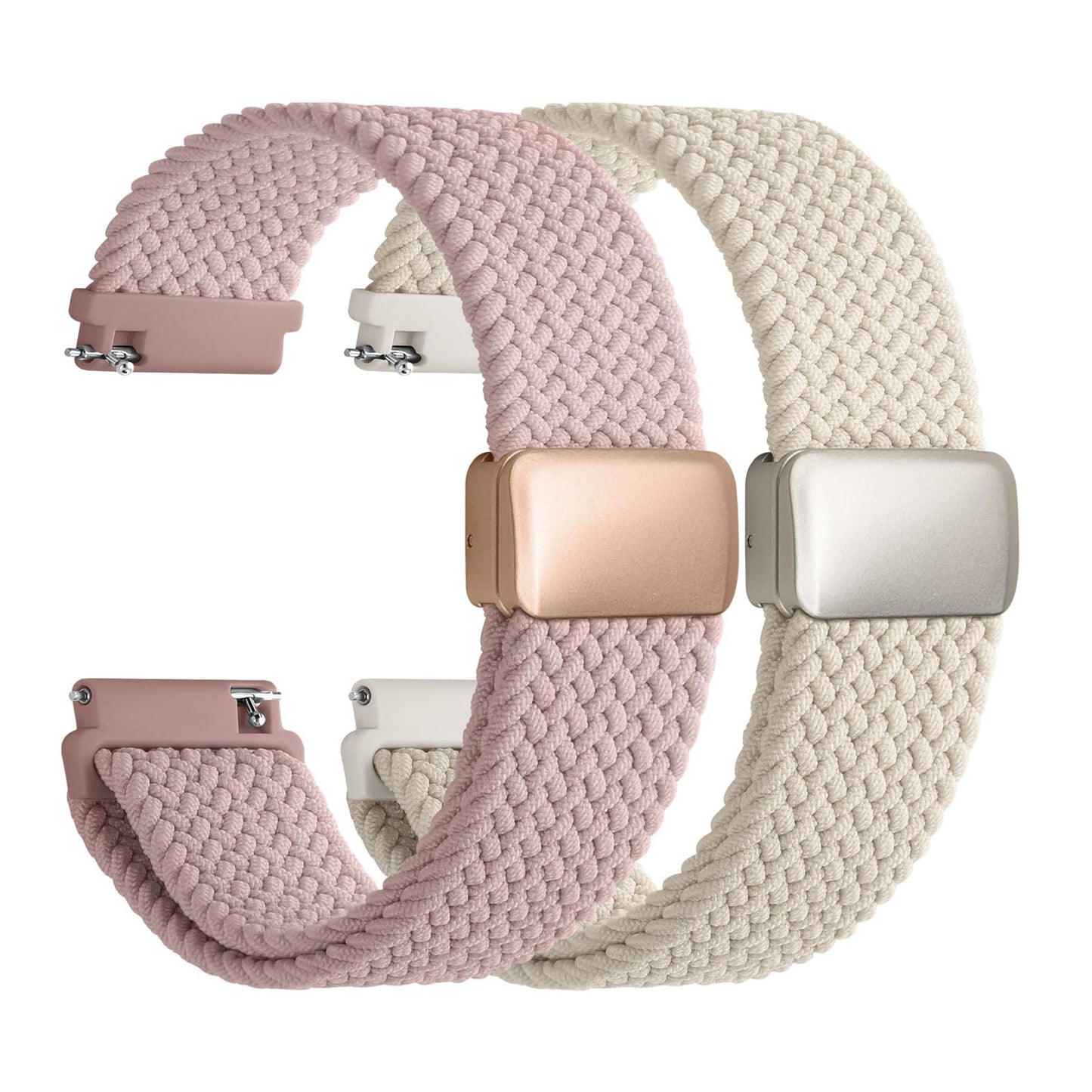 Fullmosa Magnetic Braided Watch Bands - 18mm 20mm 22mm Quick Release Watch Strap, Stretchy Nylon Solo Loop Compatible with Garmin Samsung Galaxy Amazfit for Men Women(20mm, Starlight+Muted Pink)