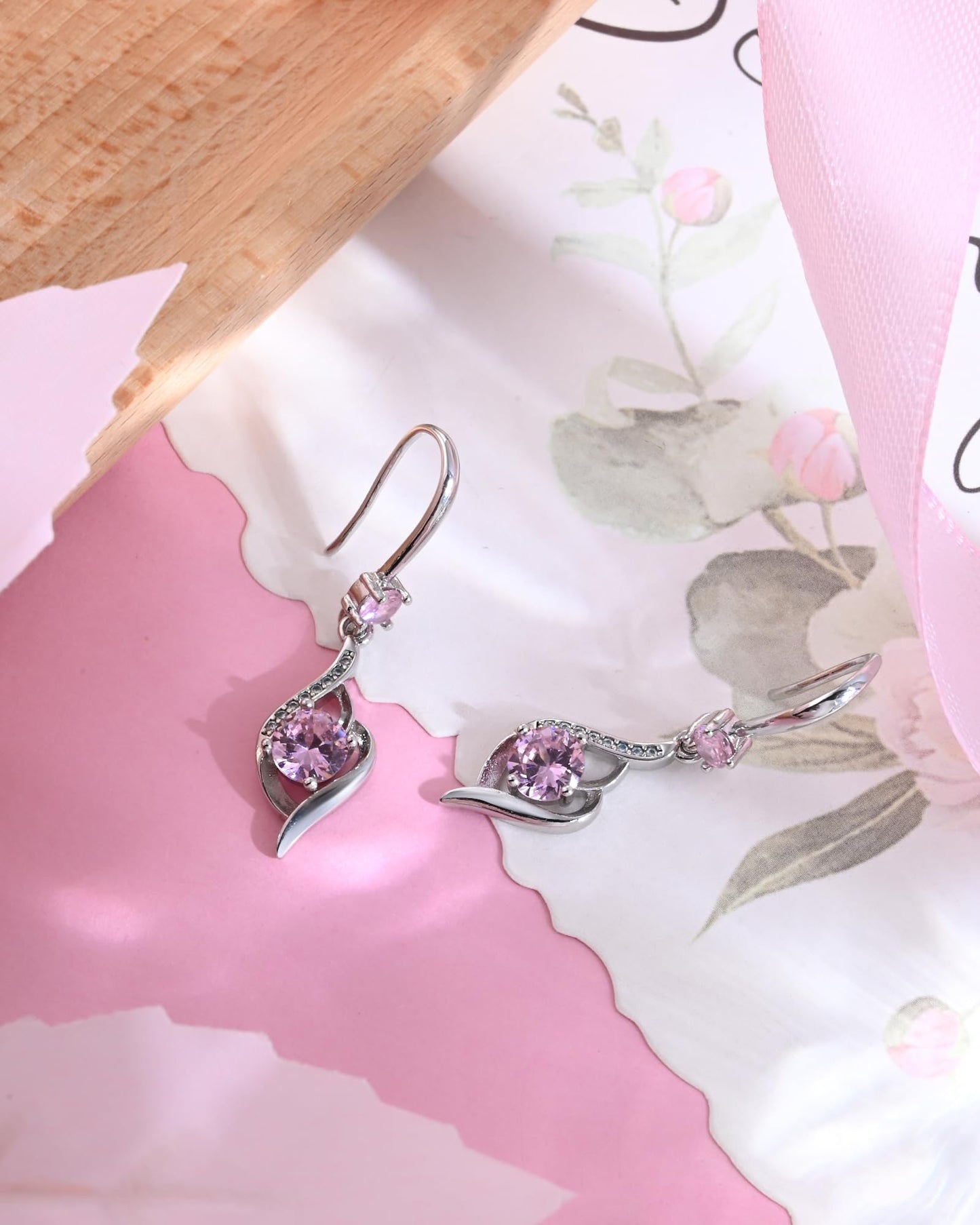 Heart Pink Drop Dangle Earrings-925 Sterling Silver with Pink Crystals-Long Birthstone Jewellery for Women
