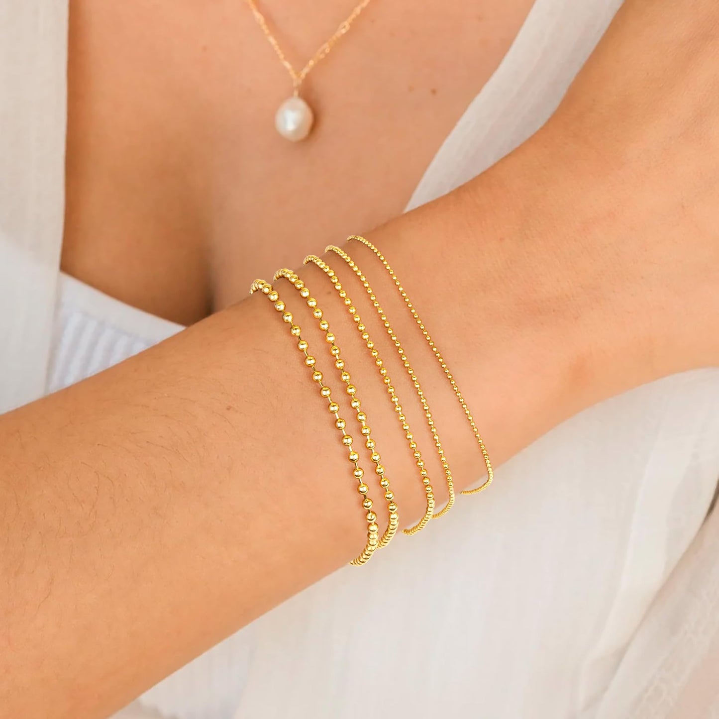 Poxtex Gold Plated Beaded Bracelets for Women No Tarnish Gold Plated Waterpoof Dainty Bracelets Set 7”+2” Adjustable Layered Bracelets for Women Trendy Stackable bracelets for Women Jewelry Gifts