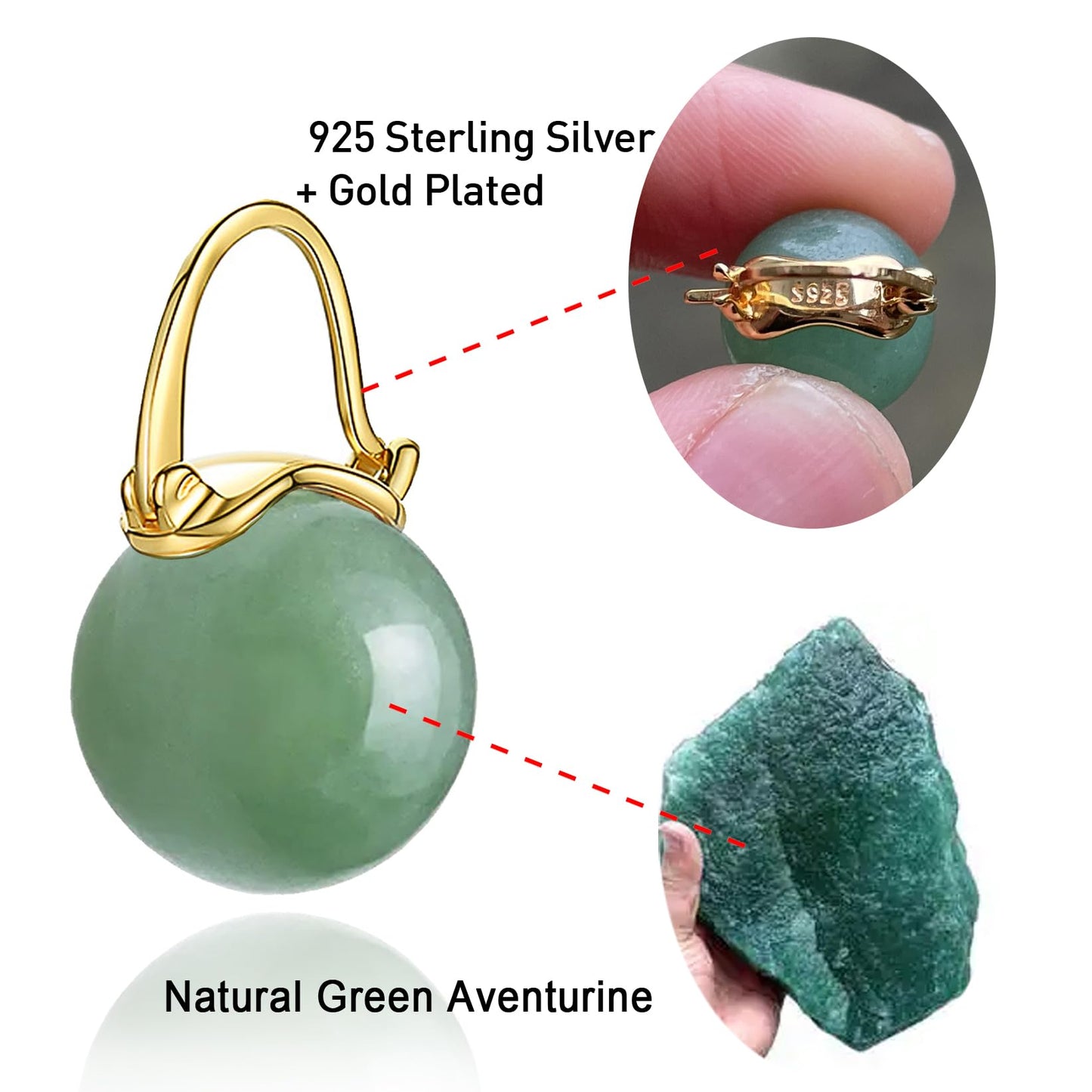 OwMell Elegant 925 Sterling Silver Pearl Drop Earrings Dangle Stud Gold Plated Earrings for Women Large Size 12mm - Green Aventurine