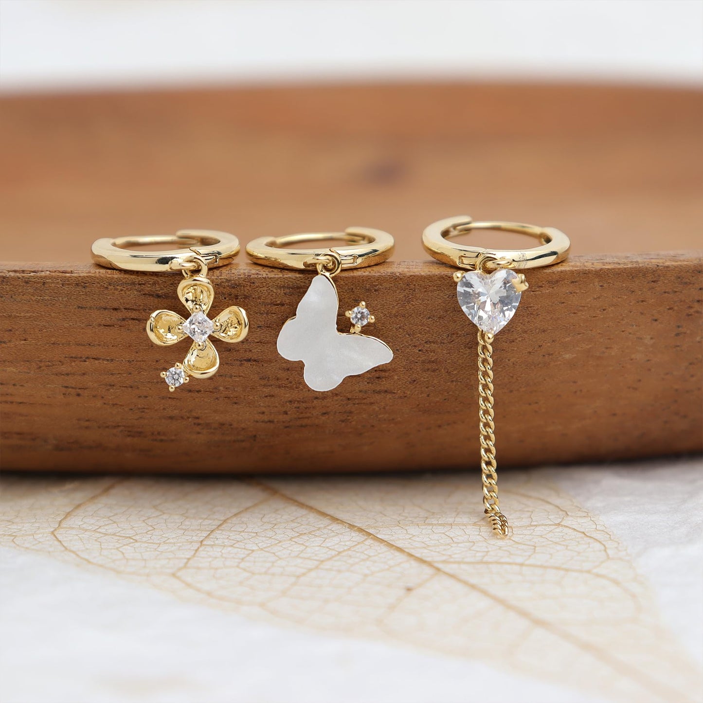 Frigotine Gold Butterfly Heart Small Hoop Stud Earrings Stack Set for Women, Dainty Sparkly Rhinestone Crystal Drop Multiple Piercing Cartilage Huggie Earing Holiday Prom Fashion Jewelry Gift