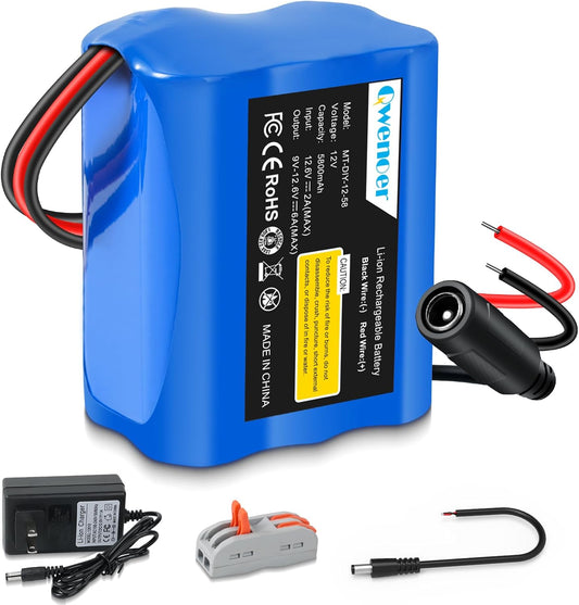 Qwenoer 5800mAh 12V 12V Pack 12 12Volt 12 Lithium Battery, Battery with Volt Battery Charger and Bare Leads Wire