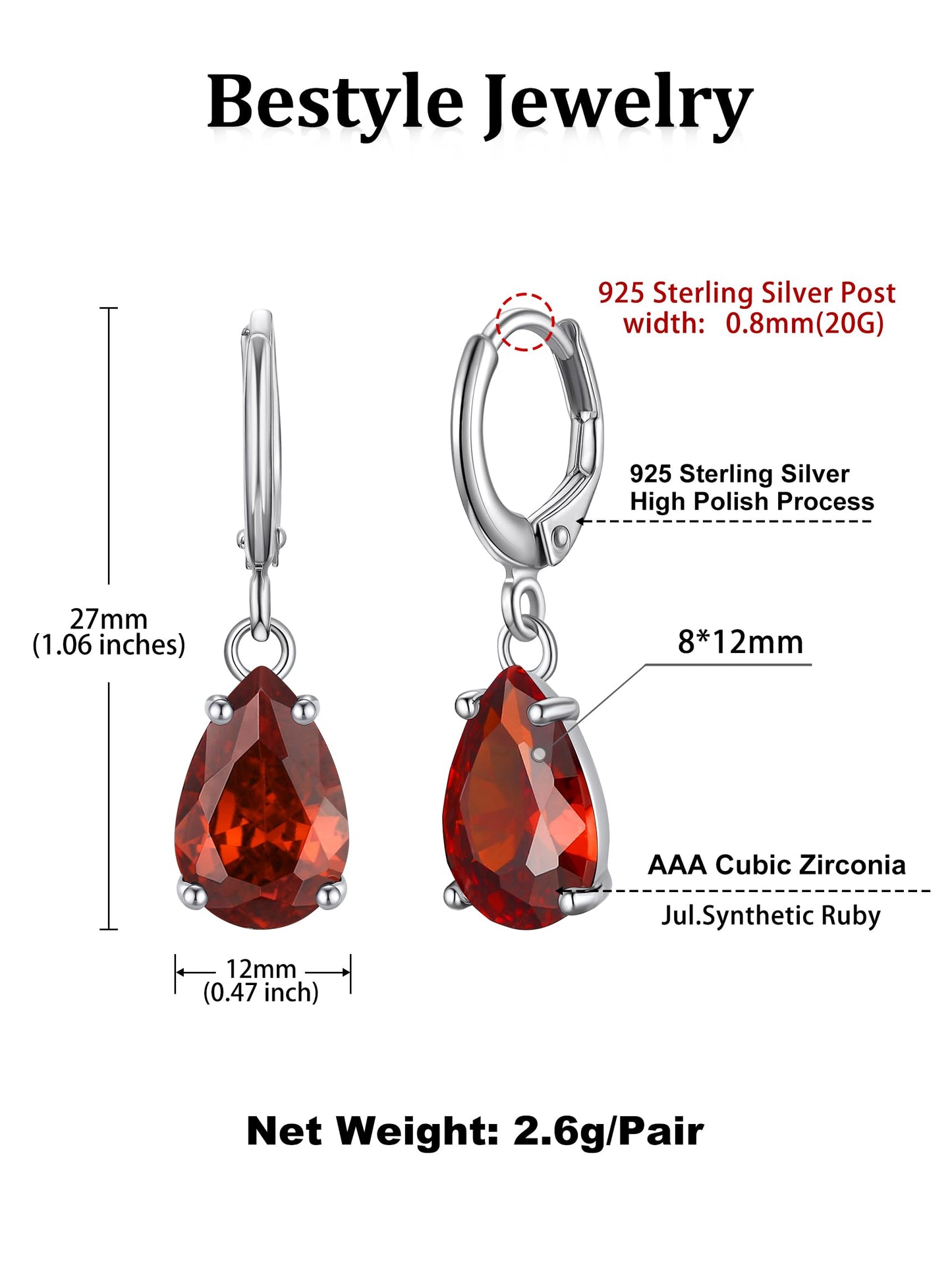 Bestyle Sterling Silver Teardrop July Birthstone Earrings Dangle - Sparkle Ruby Red Drop Earrings for Women Dangling -Small Silver Huggie Hoop Earrings For Women | Trendy CZ Huggie Earrings
