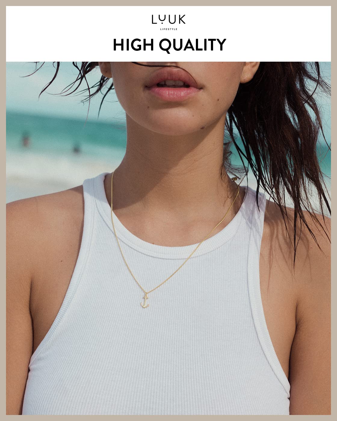 LUUK LIFESTYLE Necklace and HAPPINESS gift card, 925 sterling silver, with anchor pendant fashion jewelry for everyday life, beach, water resistant, nautical and maritime motif, gold