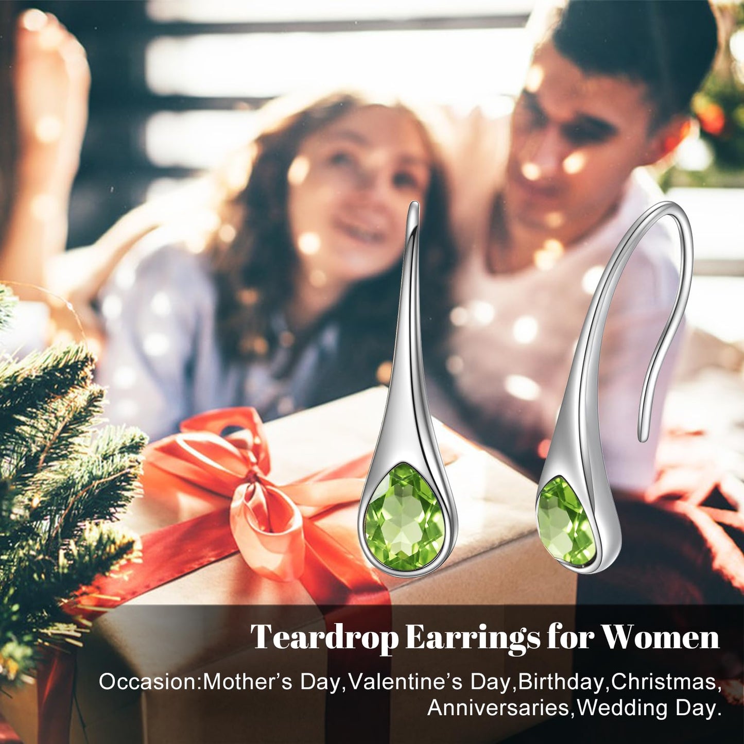925 Sterling Silver Pear-Shaped Hook Earrings with Simulated Peridot Green Birthstone Crystals, Teardrop August Birthstone Jewelry Gifts for Women Wife Mom