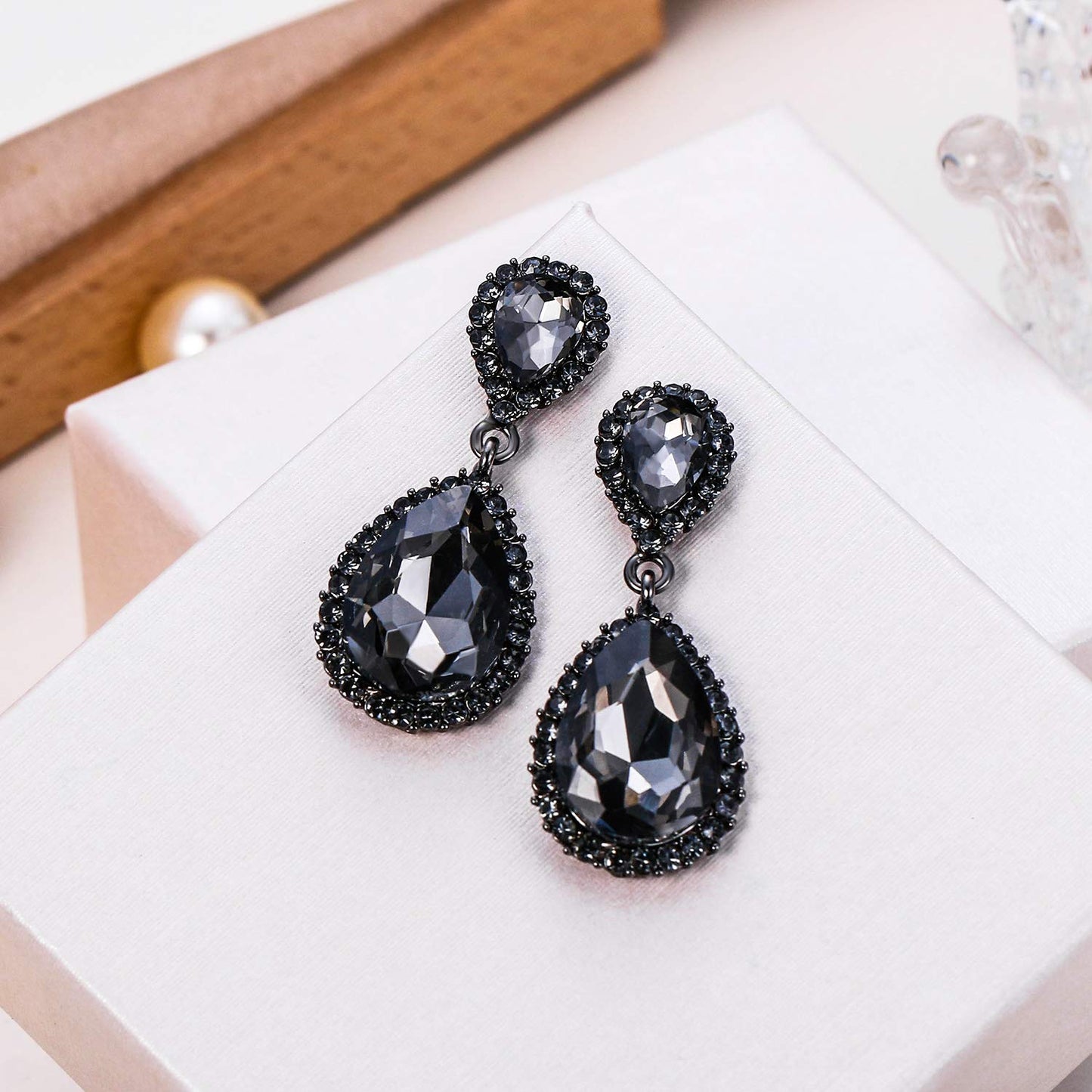 EVER FAITH Women's Rhinestone Crystal Elegant Bridal Waterdrop Pierced Dangle Earrings Grey Black-Tone