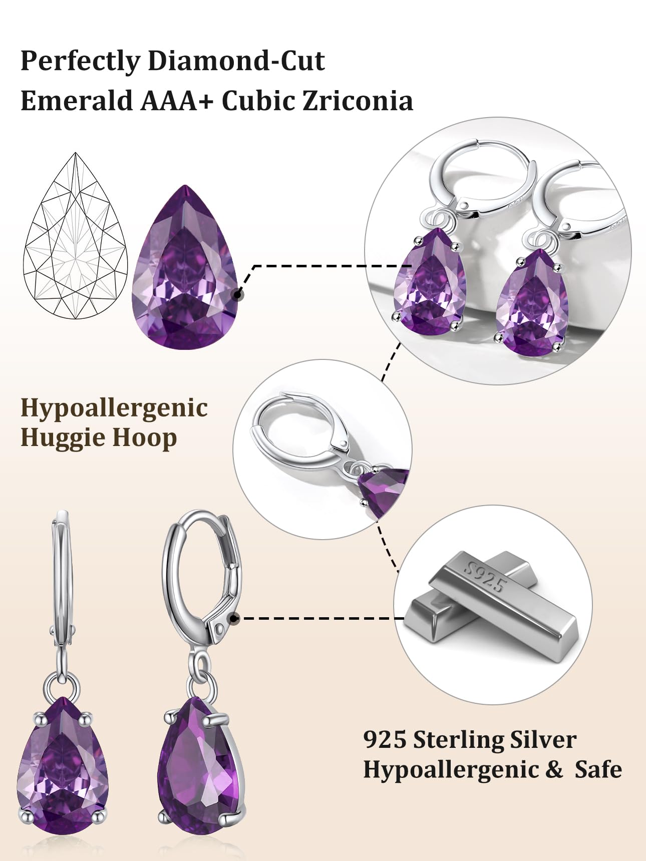 Bestyle Silver February Birthstone Dangle Earrings - Amethyst Crystal Drop Baguette Earrings for Women - Dainty Cute Small Silver Huggie Hoop Dangle Earrings for Birthday Wedding Party Gowns