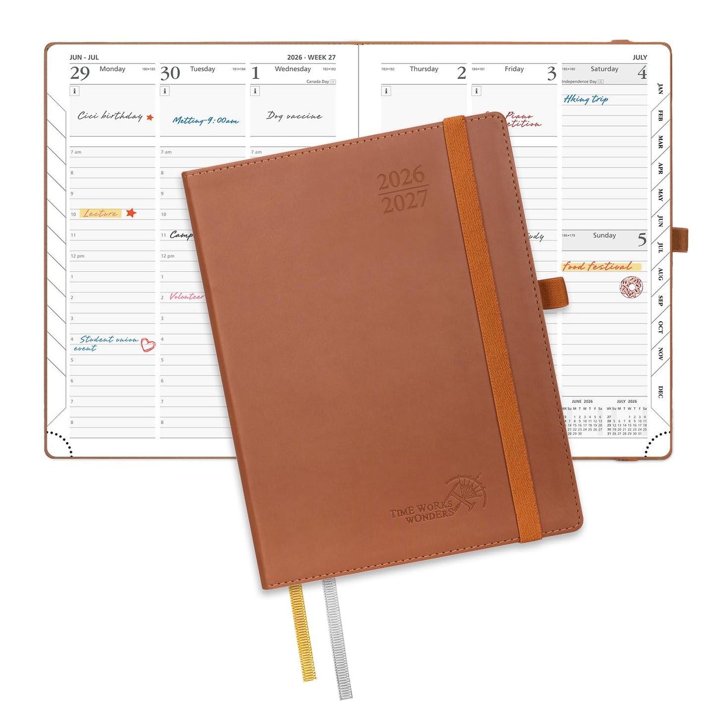 POPRUN Planner 2026-2027, 6.5" x 8.5", Academic Planner 2026-2027 Weekly and Monthly (July 26-June 27) Hourly Appointment Book with Inner Pockets, Leather Soft Cover, 100GSM - Brown