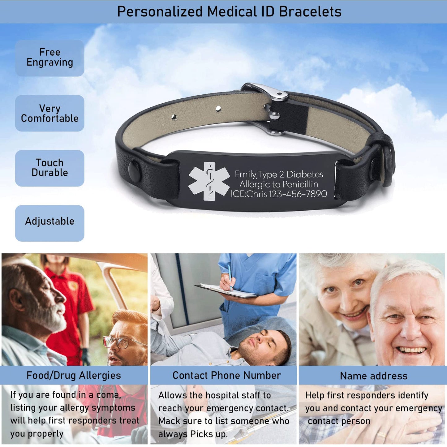VNOX Medical Alert Bracelets for Men Women with Free Engraving Adjustable Leather Emergency Medical ID Bracelets Wristband,Black