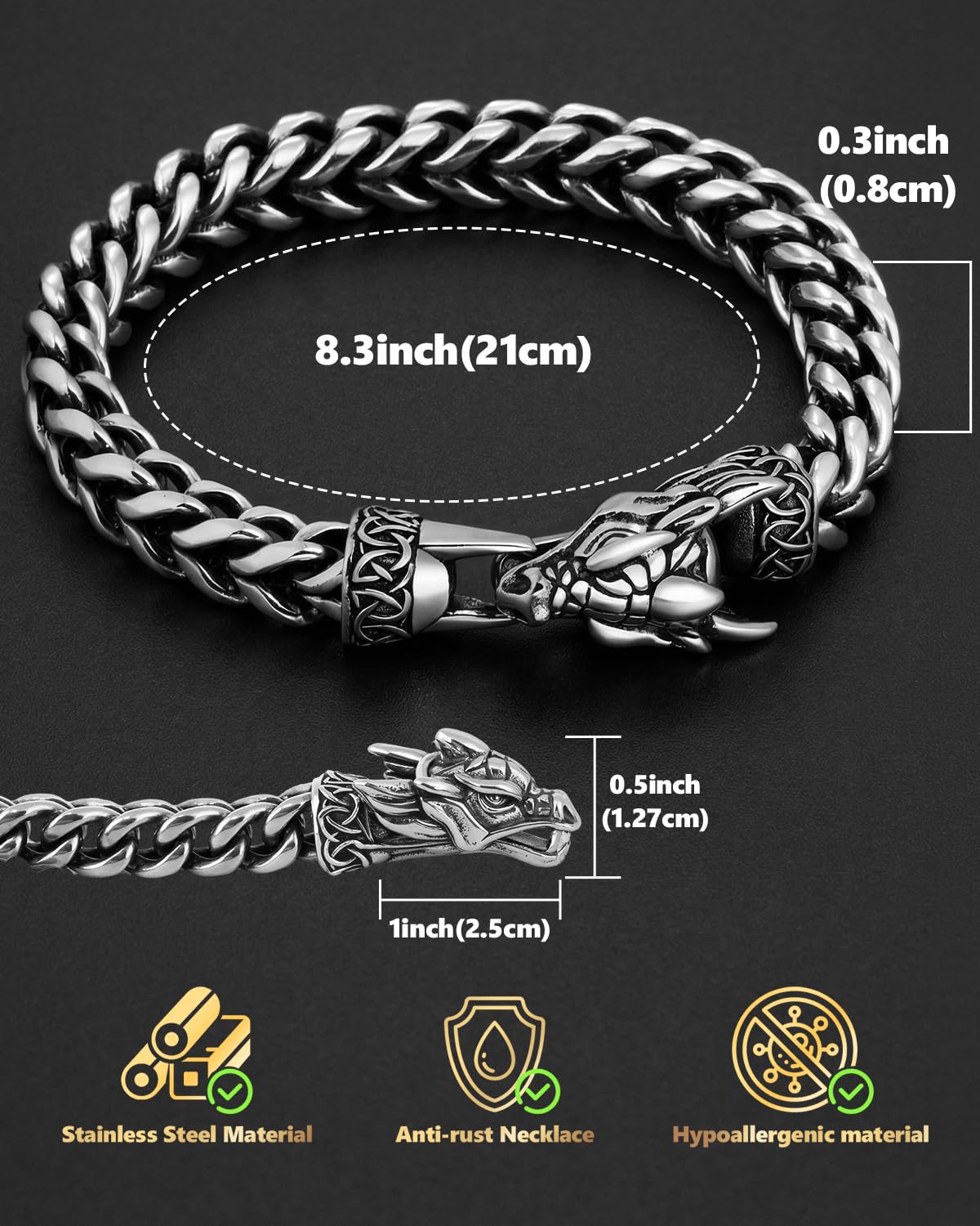 LuxGoth Stainless Steel Dragon Head Heavy Cuban Link Chain Bracelet Gothic Punk Rock Biker Vintage Norse Viking Dragon Franco Link Curb Bracelet Jewelry for Men Silver GTS-B1B45023