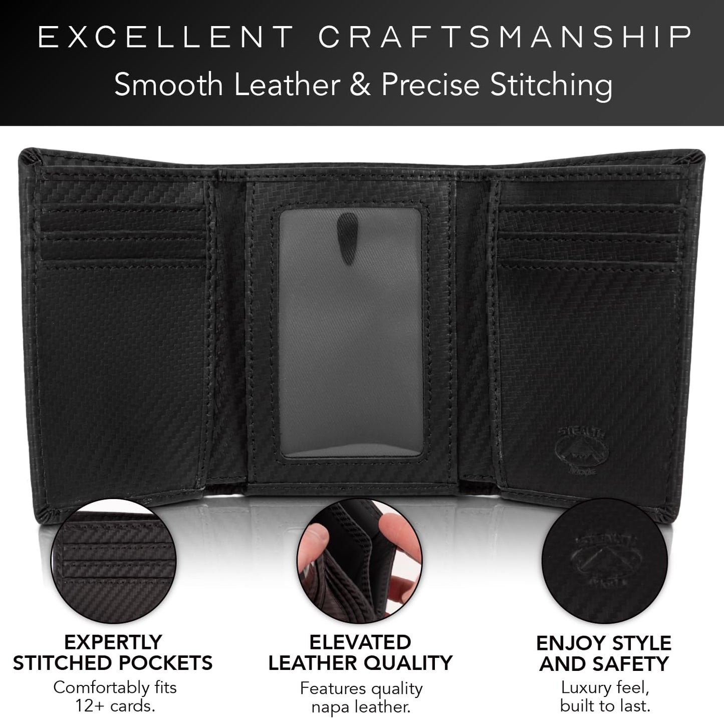 Stealth Mode Trifold Leather Wallet for Men with RFID Blocking (Carbon Fiber)