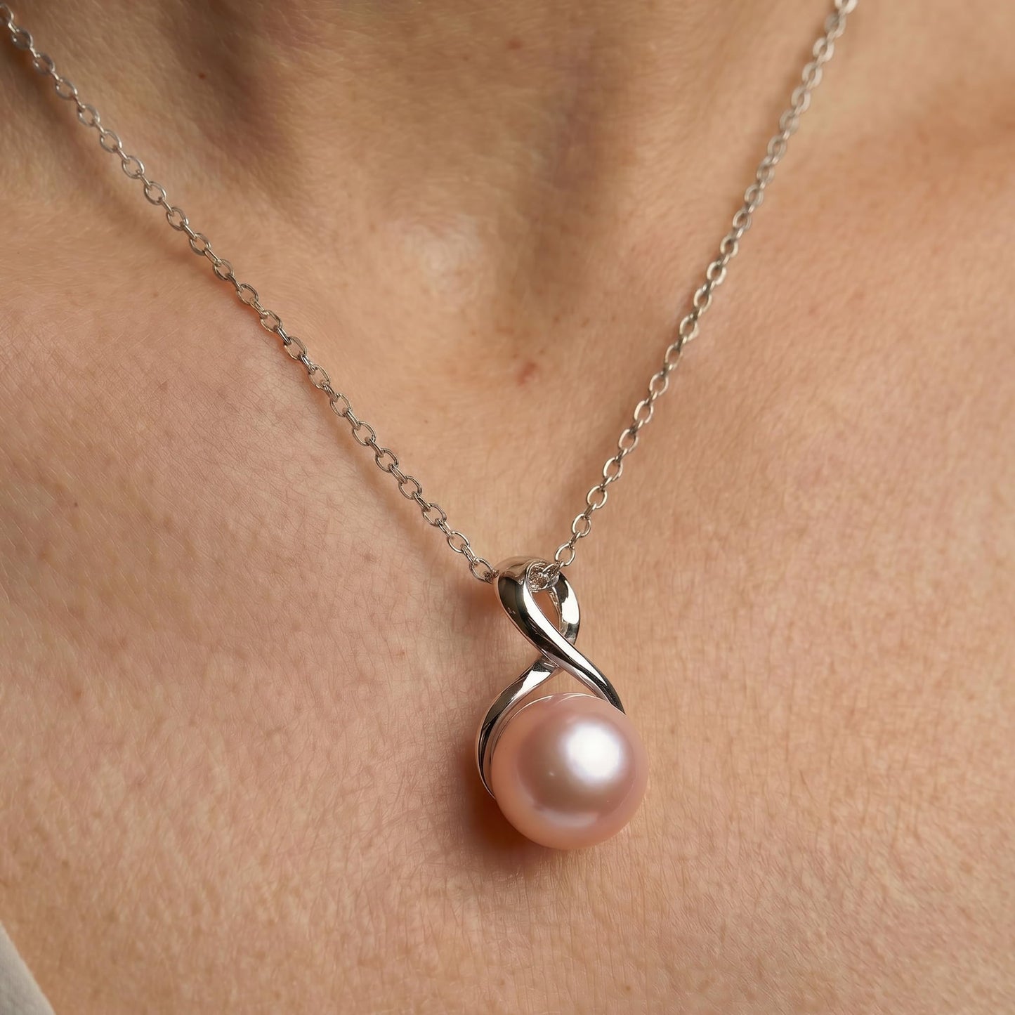 The Pearl Source Real Pearl Pendant Necklace for Women, 14K Gold Plated Sterling Silver, Genuine AAAA Cultured Freshwater Pearl, 9-9.5mm Pink Pearl Infinity Pendant Necklace, Adjustable Chain