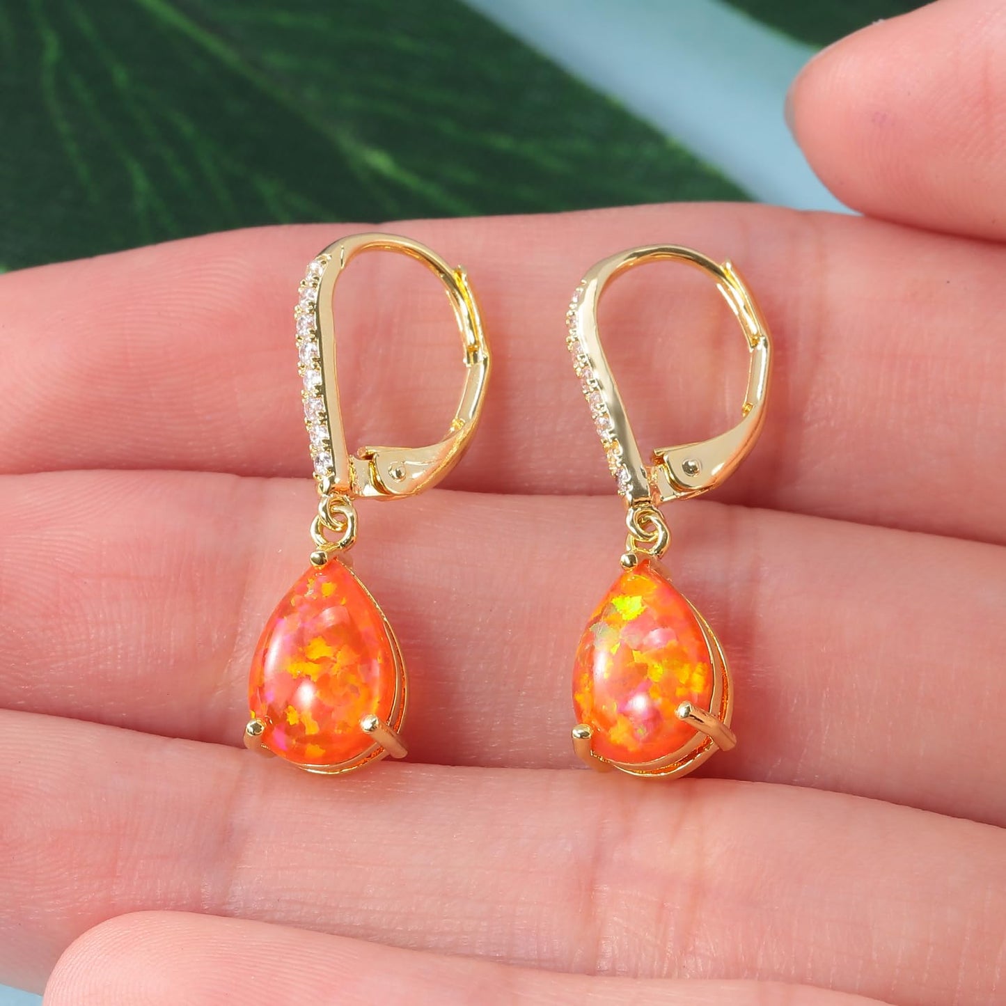 Leverback Orange Opal Dangle Earrings 14k Yellow Gold Plated Drop Earrings for Women Teardrop Earrings Elegant Jewelry Gifts for Mothers Day Birthday Party