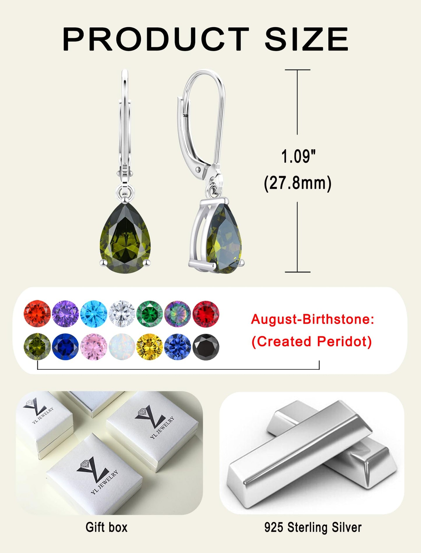 YL 925 Sterling Silver Teardrop Dangle Drop Earrings for Women 7x10 MM Solitaire Created Peridot Leverback Jewelry