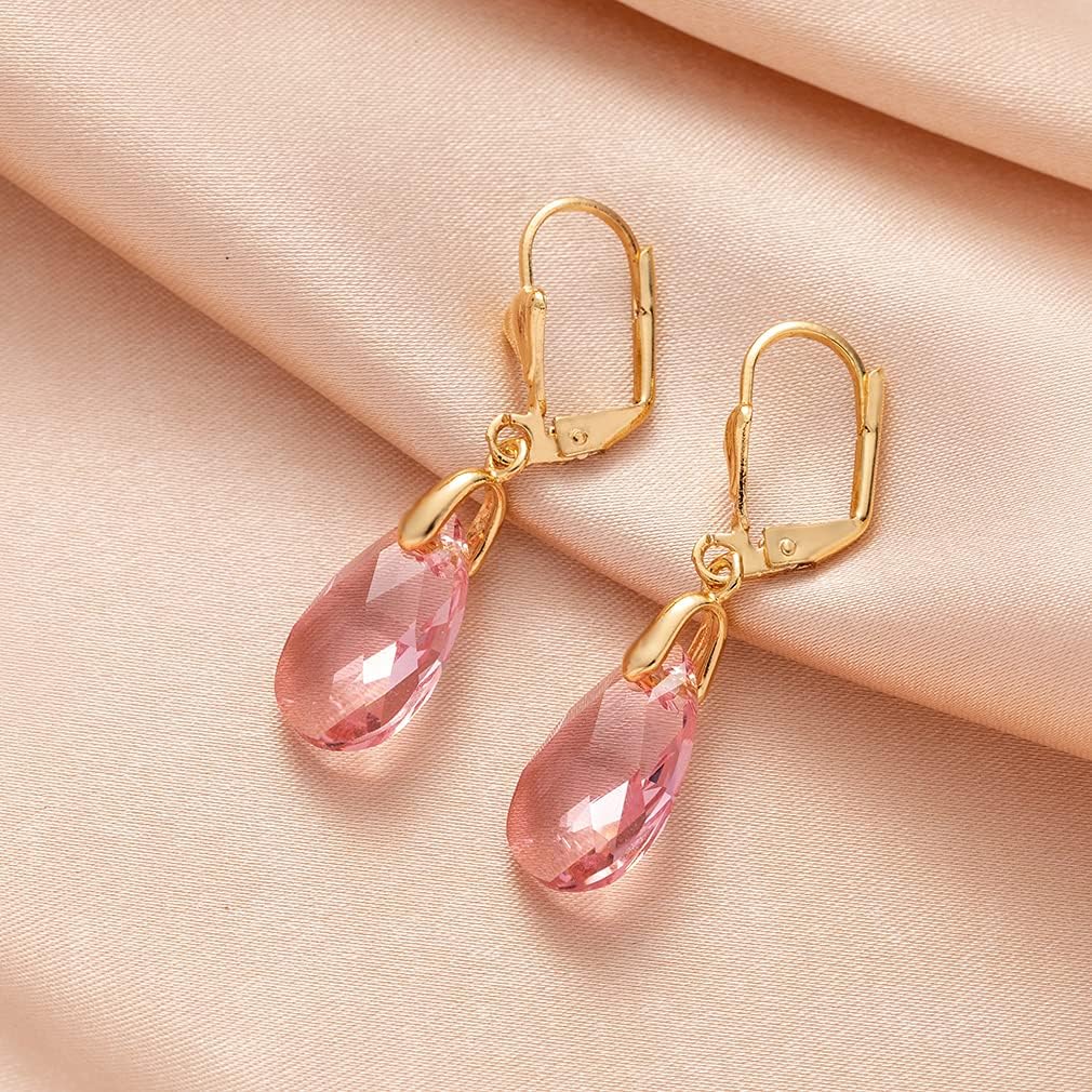 Austrian Crystal Teardrop Leverback Dangle Earrings for Women Fashion 14K Gold Plated Hypoallergenic Jewelry (Pink)