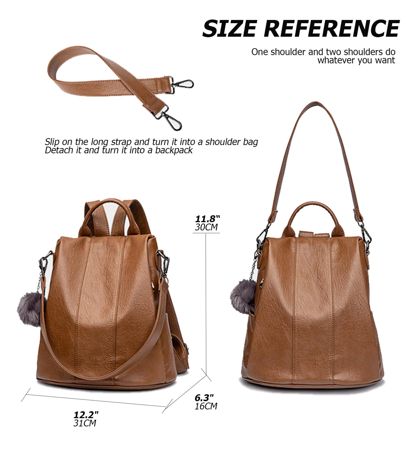 myfriday Vintage Faux Leather Backpack for Women, Soft Rucksack Backpack with Anti-Theft Pocket Convertible Shoulder Handbag (Brown)