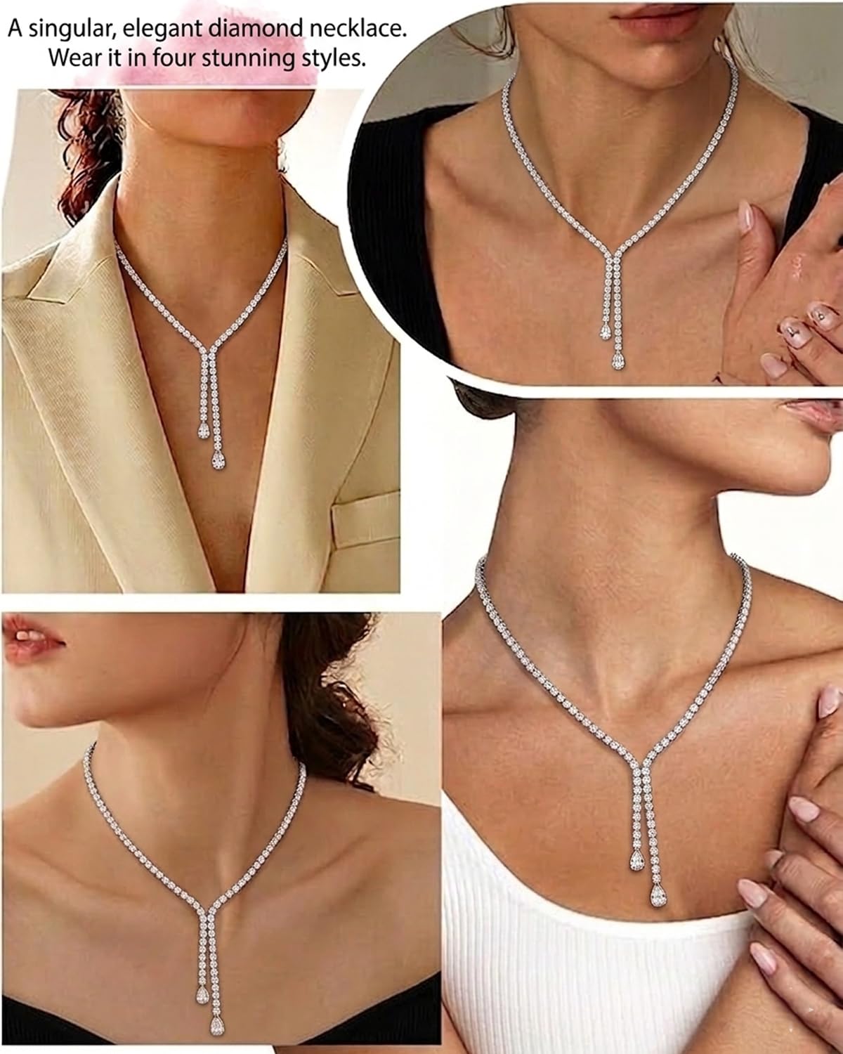 STONEFANS Long Necklaces for Women - Silver Rhinestone y Lariat Necklace for Women Cute Long Wedding Dainty Tear Drop Beach Necklace Summer Trendy Rhinestone Prom Beach Jewelry