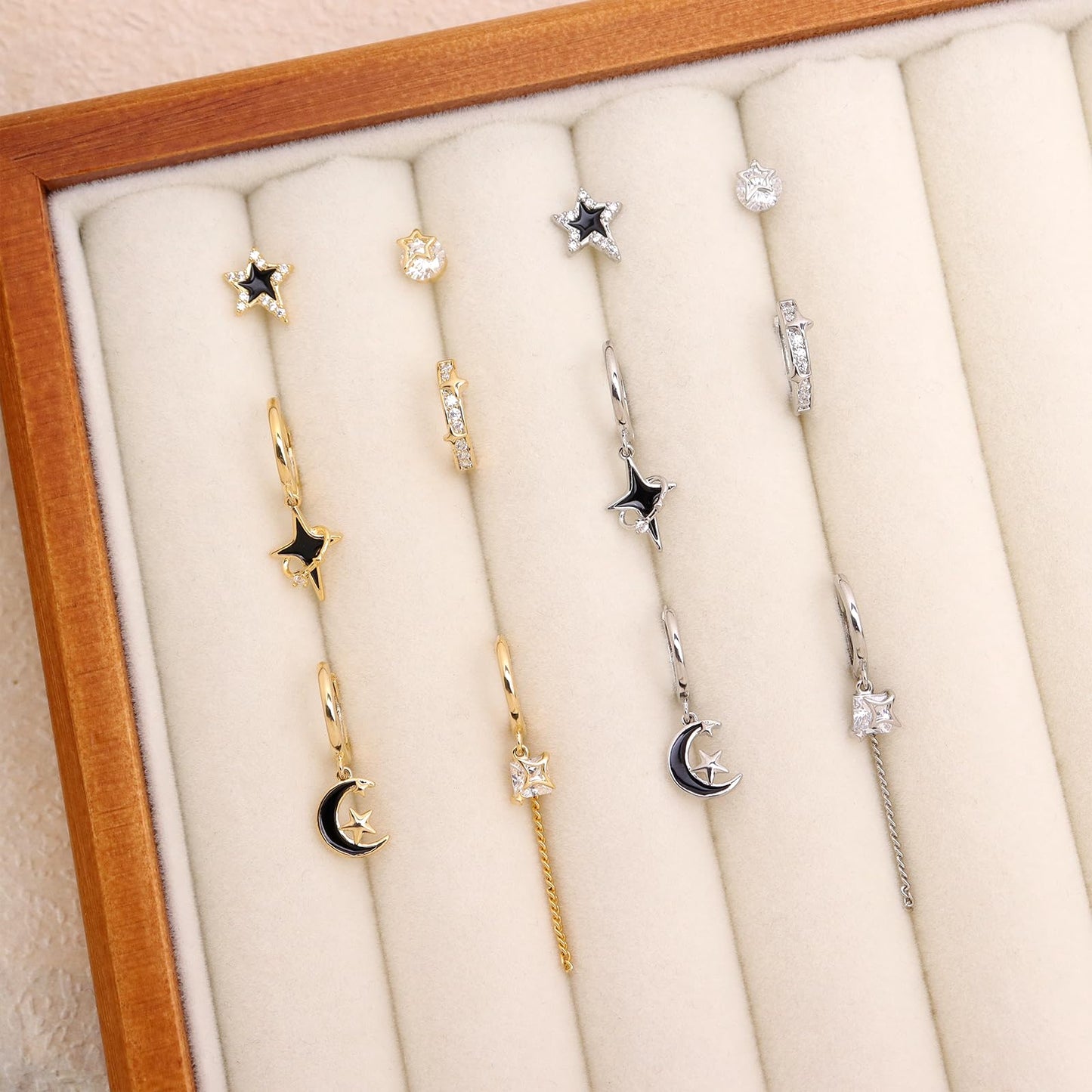 Frigotine 3PCS Gold Star Hoop Stud Earrings Stack Set for Women, Dainty Rhinestone Star Black Enamel Moon Planet Tassels Multiple Piercing Cartilage Prom Fashion Jewelry Gift