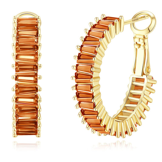 GLOQUAT Orange Hoop Earrings 14K Gold Plated Burnt Orange Hoops for Women 925 Sterling Silver Post Vintage Baguette Cubic Zirconia Round Circle Hoops for Women Trendy Autumn Jewelry 25mm
