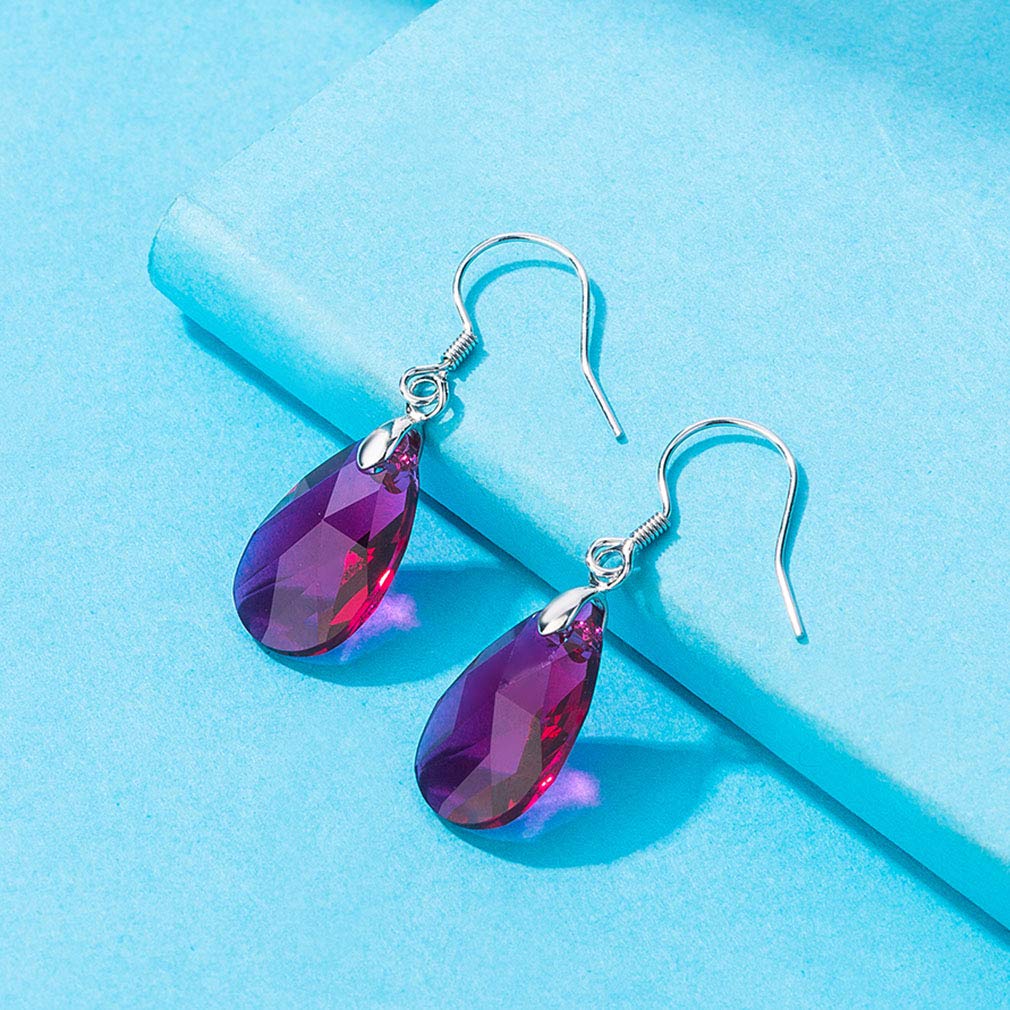 Austrian Crystal Teardrop Dangle Earrings for Women Drop Hook Earring 925 Sterling Silver Hypoallergenic Jewelry (Fuchsia)