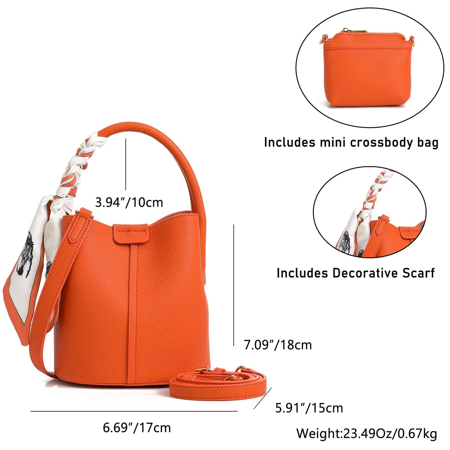 Women's small crossbody bag made of synthetic leather, mini bucket style shoulder bag with scarf, detachable shoulder strap (orange)