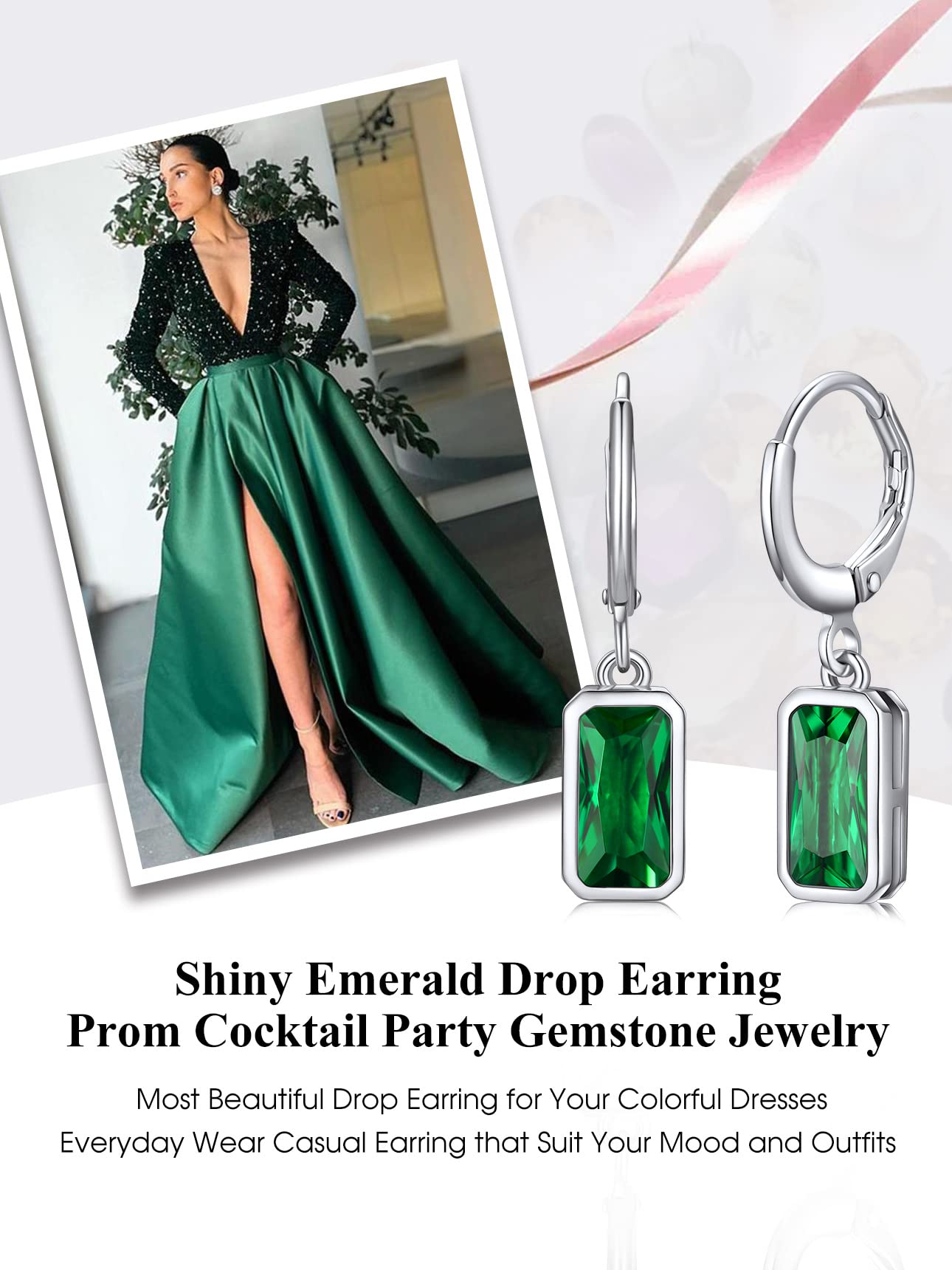 Bestyle Green Emerald Drop Earring with Hypoallergneic Silver Huggie Hoops - Shimmer May Birthstone Dangles Silver Earring for Women - Dainty Cute Earrings for Mom Wife Grandma