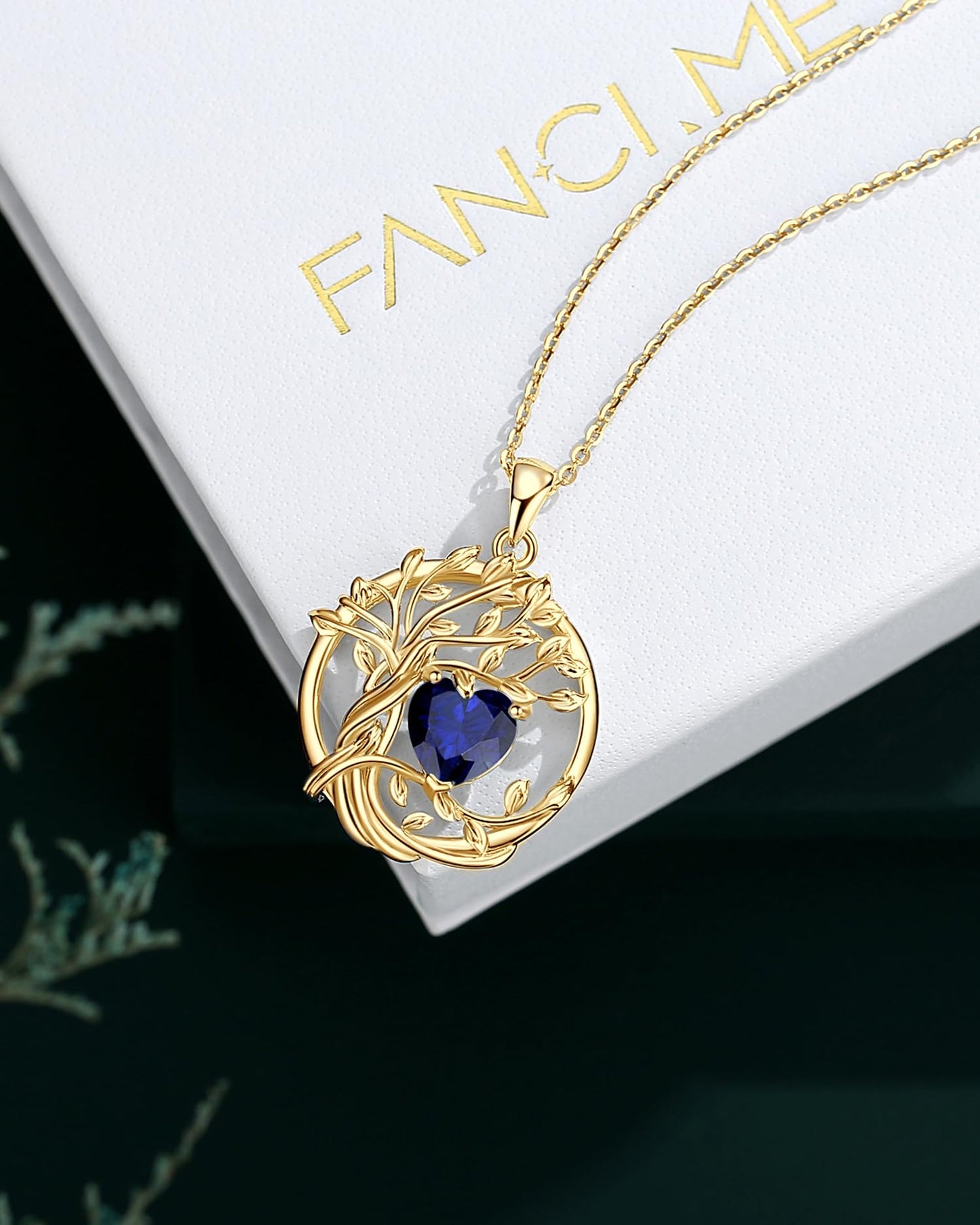 FANCIME Tree of life Birthstone Necklace for Women Sterling Silver Yellow Gold Plated Sapphire Pendant September Blue Gemstone Anniversary Mothers Day Gifts for Mom Wife Her