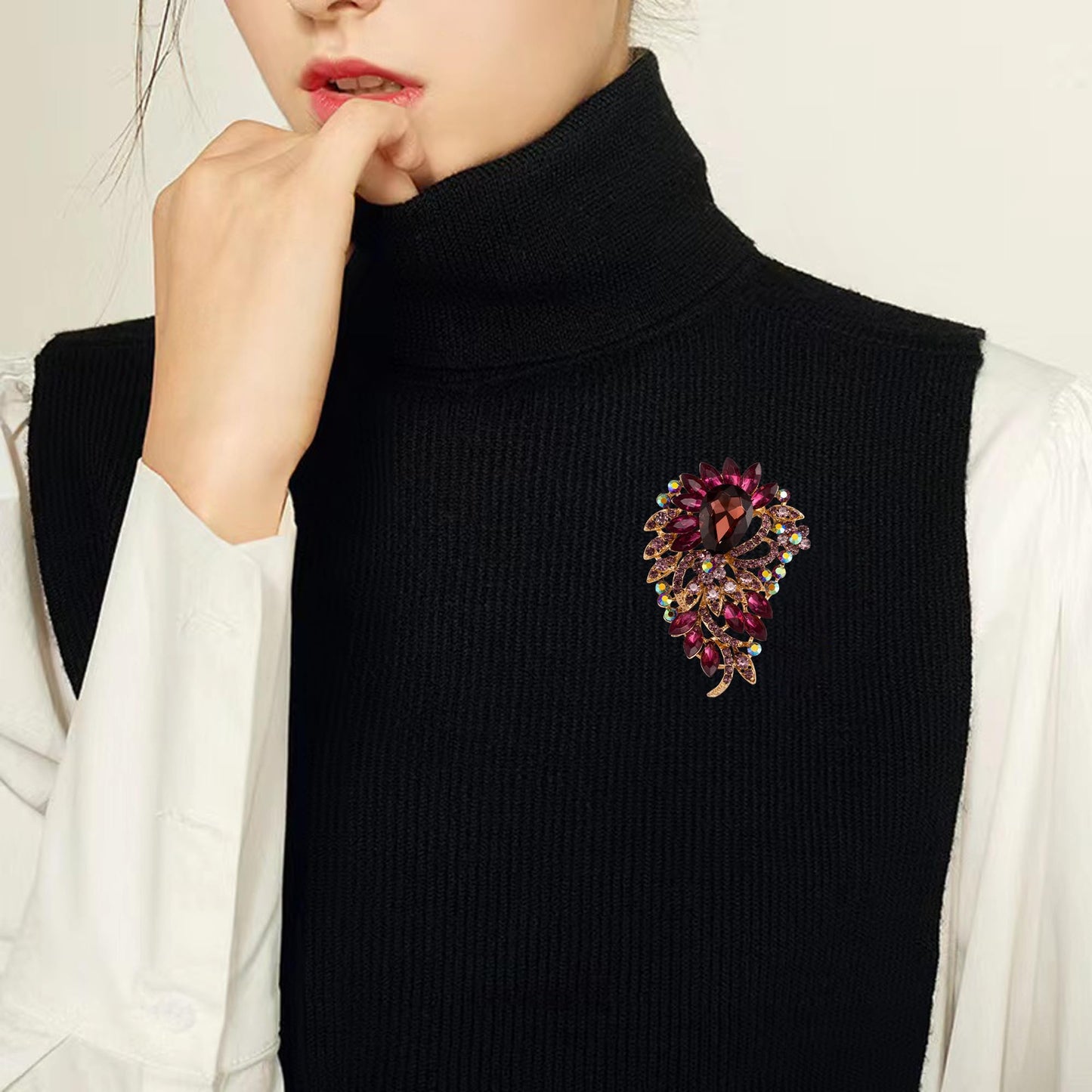 SELOVO Big Large Rhinestone Purple Crystal Statement Brooch Pin Sweater Accessory Gold Tone