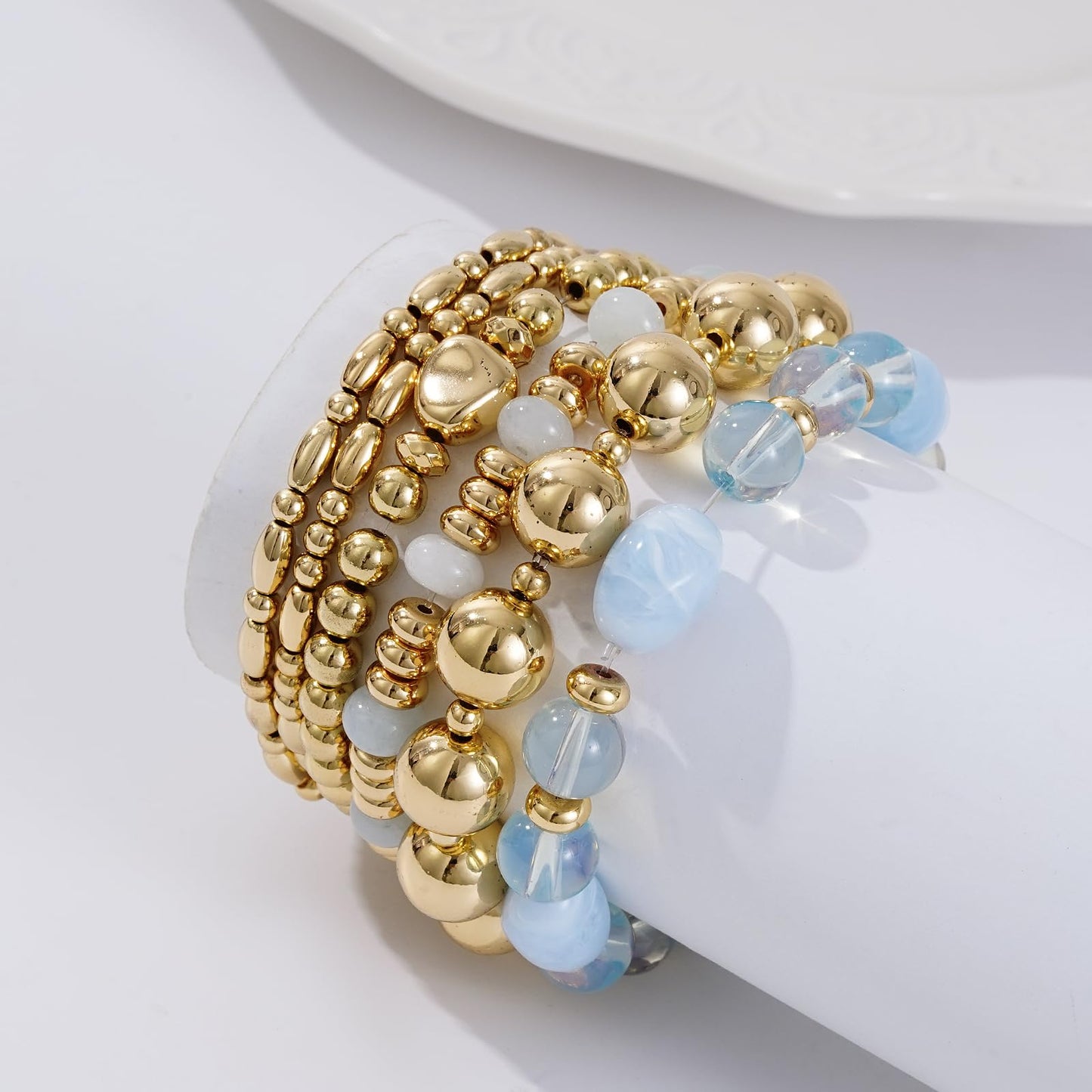 Sajidos Gold Beaded Bracelets for Women Trendy, 14K Gold Plated Stack Cross Pearl Gold Bead Stretch Bracelets Set Elastic Hypoallergenic Bracelets Jewelry Gifts (style10)