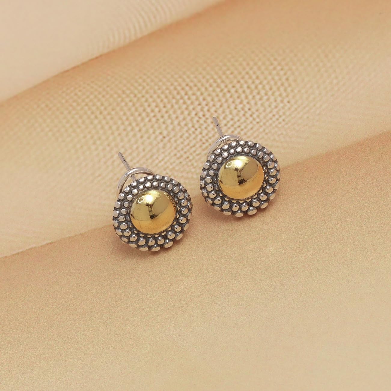 LeCalla 925 Sterling Silver Omega Back Earrings Jewelry Medium Large Antique Round Two-Tone Beaded Dome Statement Omega Clip Back Stud Earring for Women - 15MM