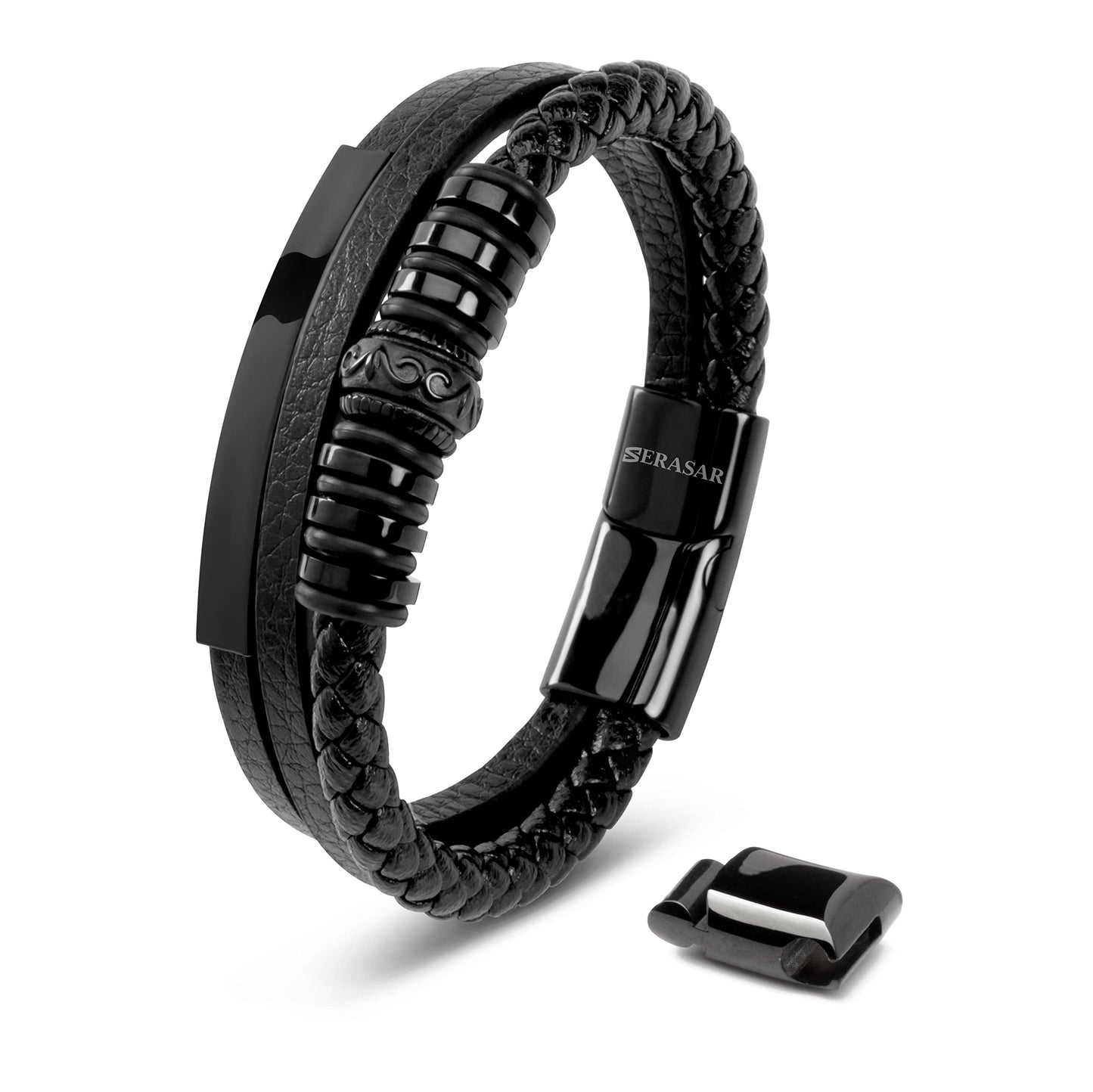 SERASAR Pulseras para Hombres 17cm Black Leather Bracelets for Men Brown Cowhide Gift Box Braided Bracelet Stainless Steel Jewelry Wrist Band Cuff Wrap Rope Bangle Dad Man Cuero Regalo