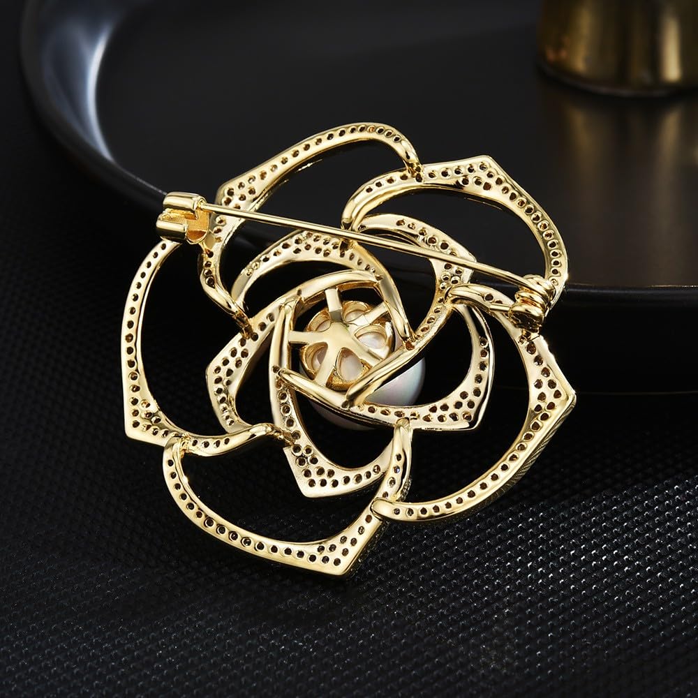 EMEGCY Gold Rose Brooch for Women Rhinestone Rose Flower Brooch Pin 18K Gold Plated Hollow Flower Lapel Pin Floral Jewelry Gift for Mom Wife Birthday
