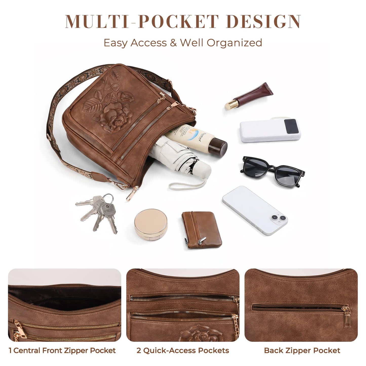 FORUWISH Crossbody Bags for Women, Vegan Leather Brown Crossbody Purse, Multiple Pocket Everyday Travel Shoulder Bag with Boho Strap