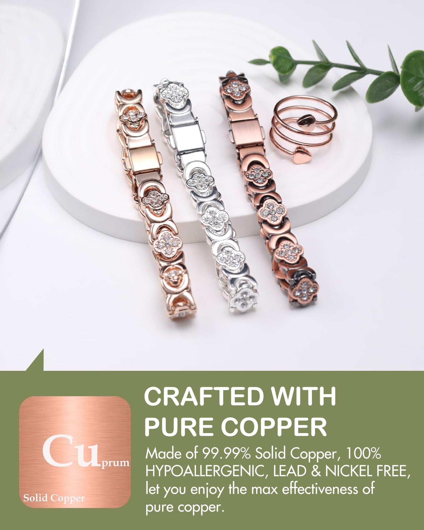Feraco Pure Copper Bracelets & Rings for Women, Ultra Strength Magnetic Bracelet for Women with Neodymium Magnets & Sparkling Cubic Zirconia, Adjustable, Infinite Clover Jewelry (Rose Gold)