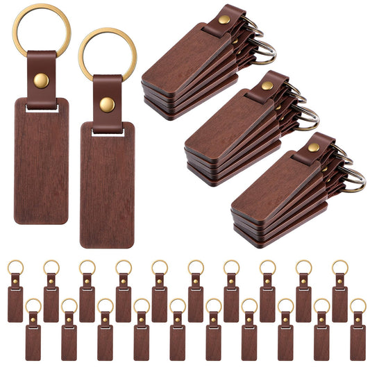 Xaajooio 36 Pcs Leather Wood Keychain Blanks Unfinished Walnut Brown Wooden Keychains with Leather Strap for Laser Engraving, DIY Craft Key Tags, Gifts for Family Friends Employee