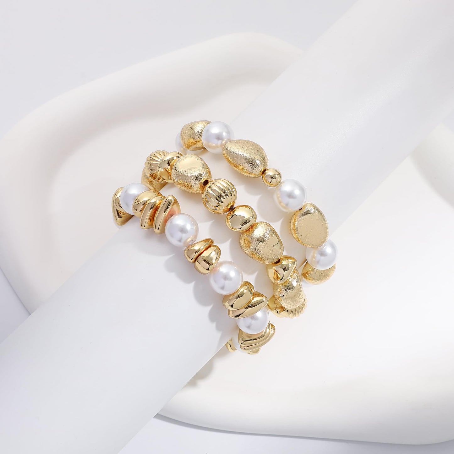 Sajidos Gold Plated Beaded Bracelets for Women Trendy, 14K Gold Plated Stack Cross Pearl Gold Plated Bead Stretch Bracelets Set Elastic Hypoallergenic Bracelets Jewelry Gifts (style13-pearl 3pcs)