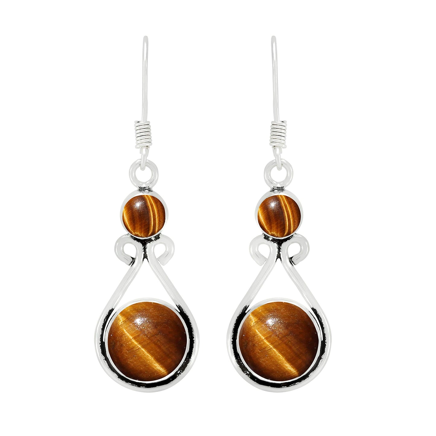 Natural Tiger Eye Silver Plated Dangle Earrings for Women - June Birthstone Round Gemstones Drop Earrings Handmade Jewelry - Wedding Christmas Gift for Her