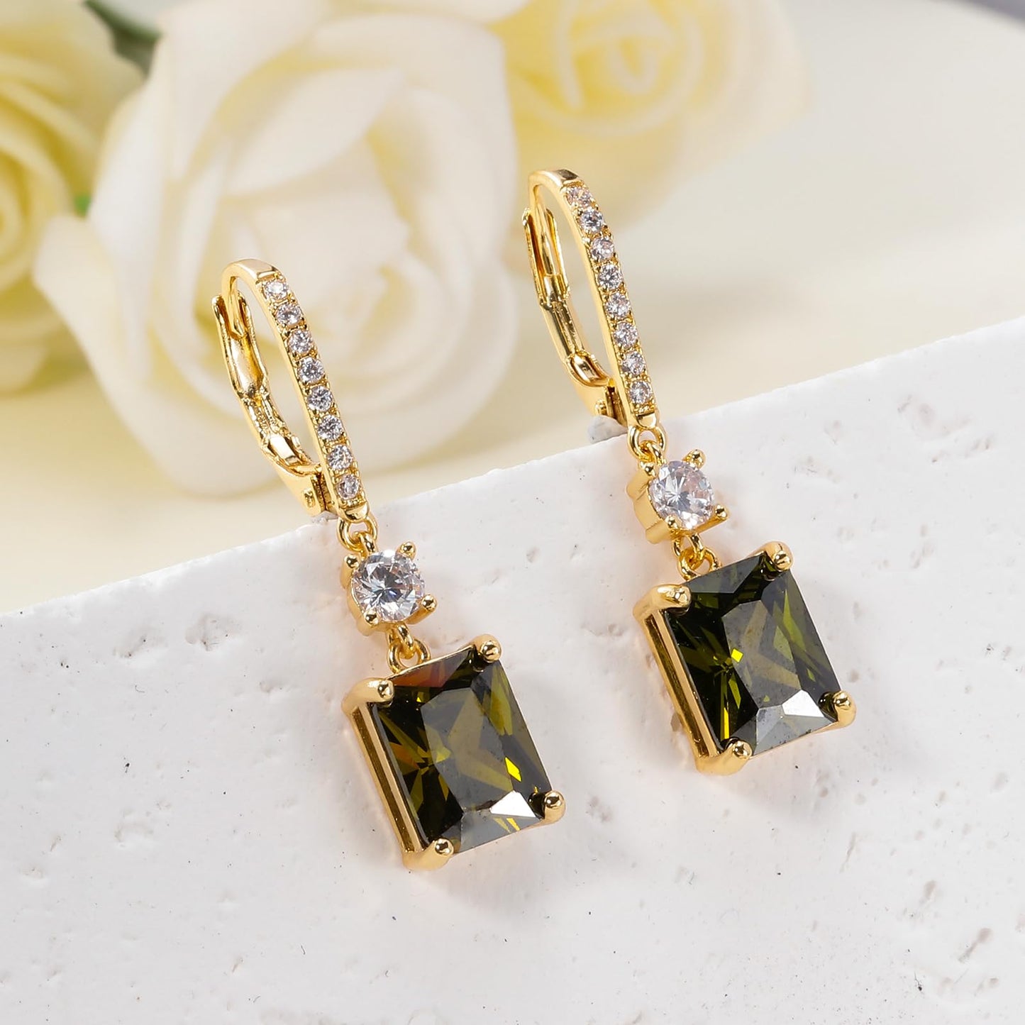 CiNily Leverback Earrings for Women Rectangular-cut Drop Dangle Earring Hypoallergenic, 14K Gold Plated Olive Green Cubic Zircon Earrings Diamond Dangle Ear Rings Jewelry Birthday