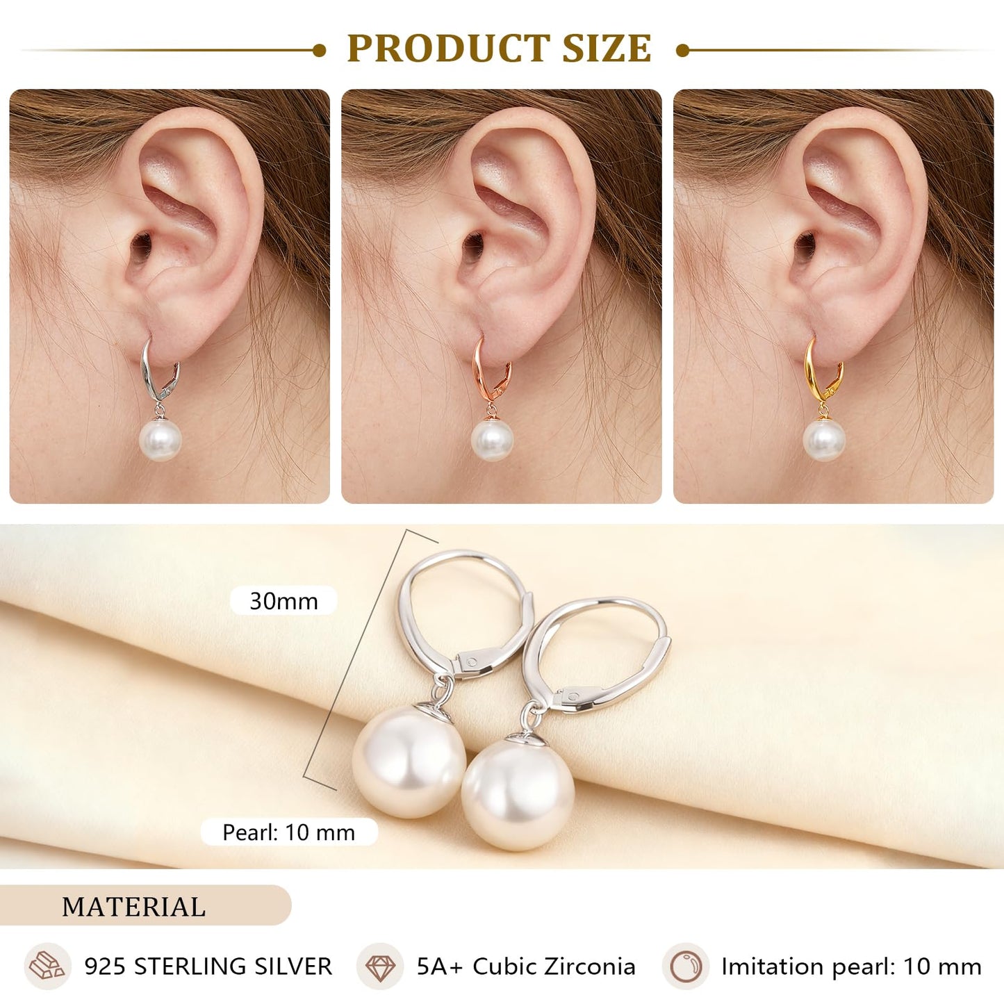 Han han Pearl Dangle Earrings for Women Sterling Silver Pearl Hoop Earrings 10MM