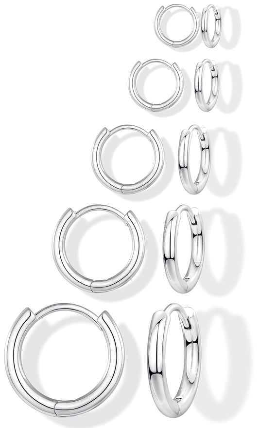 Gokeey 316L Surgical Stainless Steel Silver Huggie Hoop Earrings 6mm 8mm 10mm 11mm 12mm 14mm, Hypoallergenic Earrings Silver Hoops Cartilage Helix Lobes Hinged Sleeper Earrings For Men Women