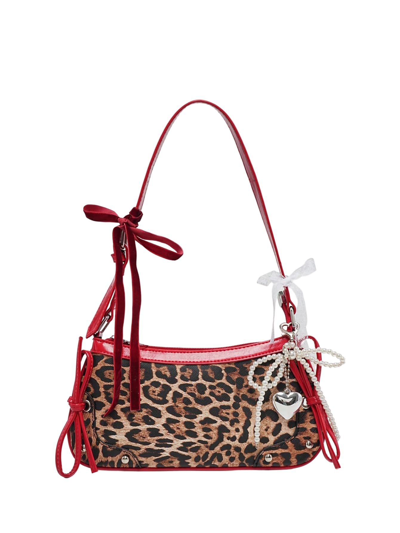Verdusa Women's Y2K Purse Coquette Bow Tie Vintage Shoulder Bags Lace PU Leather Kawaii Handbag Leopard Print Red One Size