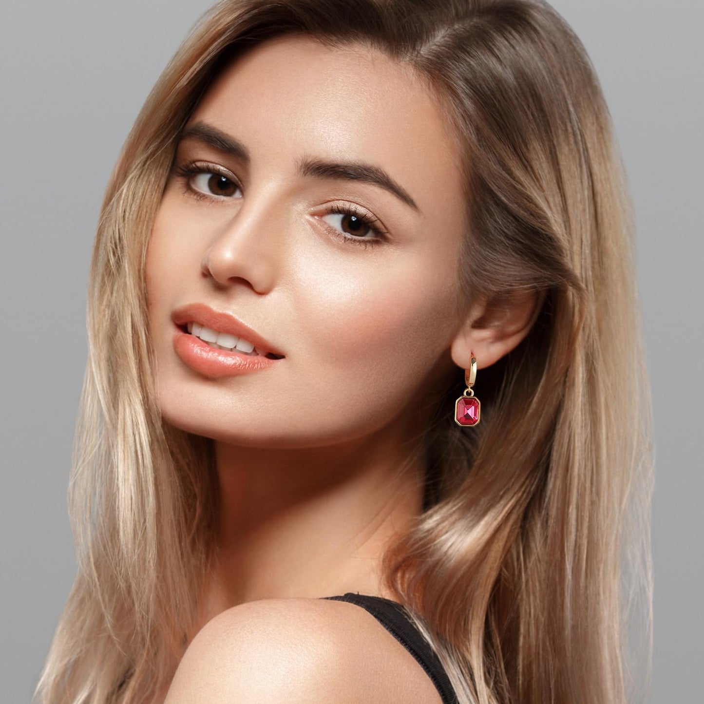 Birthstone Crystal Dangle Drop Earrings, 18K Gold Plated Huggie Hoop Hypoallergenic Earring Jewelry Gifts for Women (Hot Pink)
