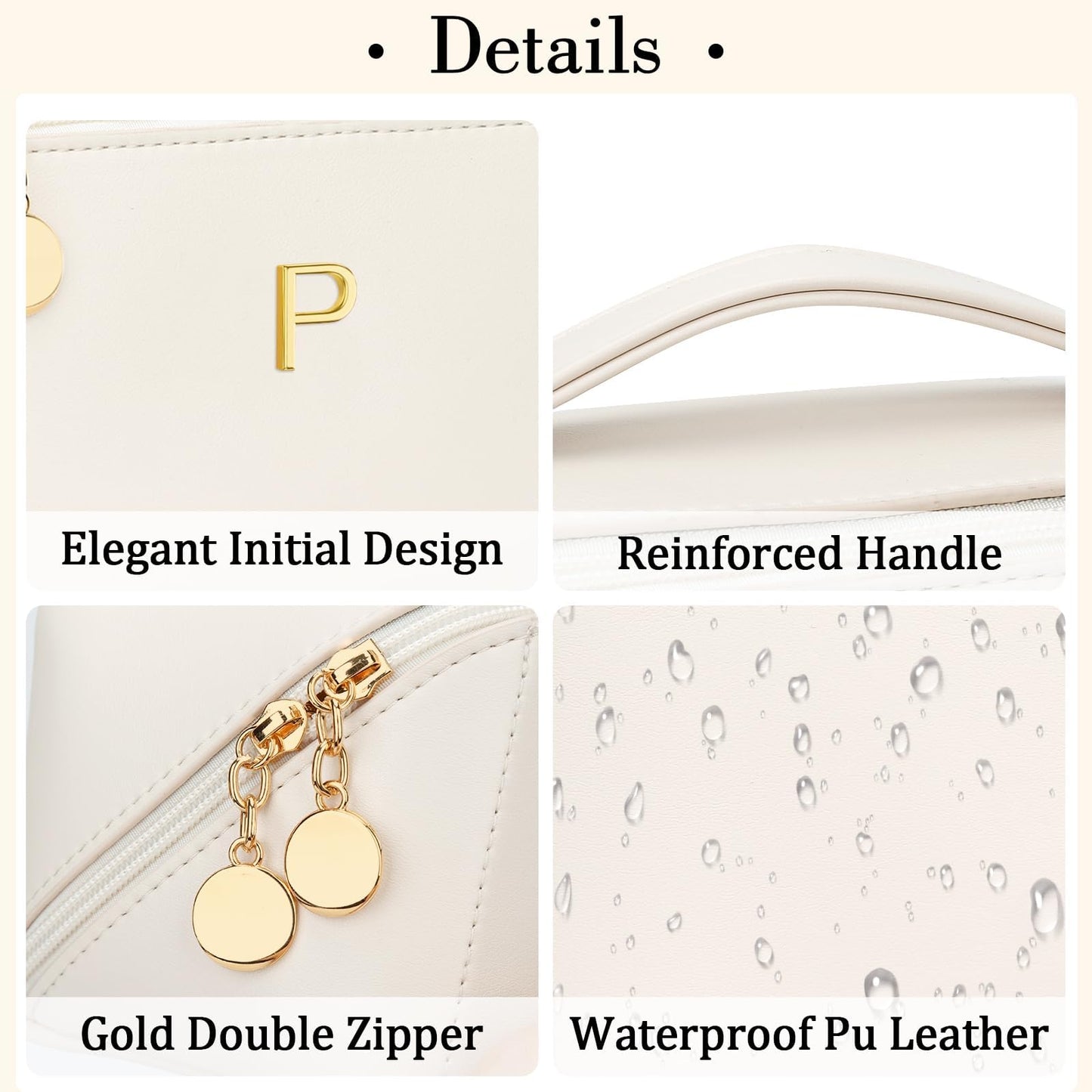 KKXIU Initial Makeup Bag for Women - Personalized Makeup Bag Gifts for Women, Travel Toiletry Bag with PU Leather, Open Flat Design with Top Handle, Cosmetic Bag Set with Multi-Pocket (Beige,P)