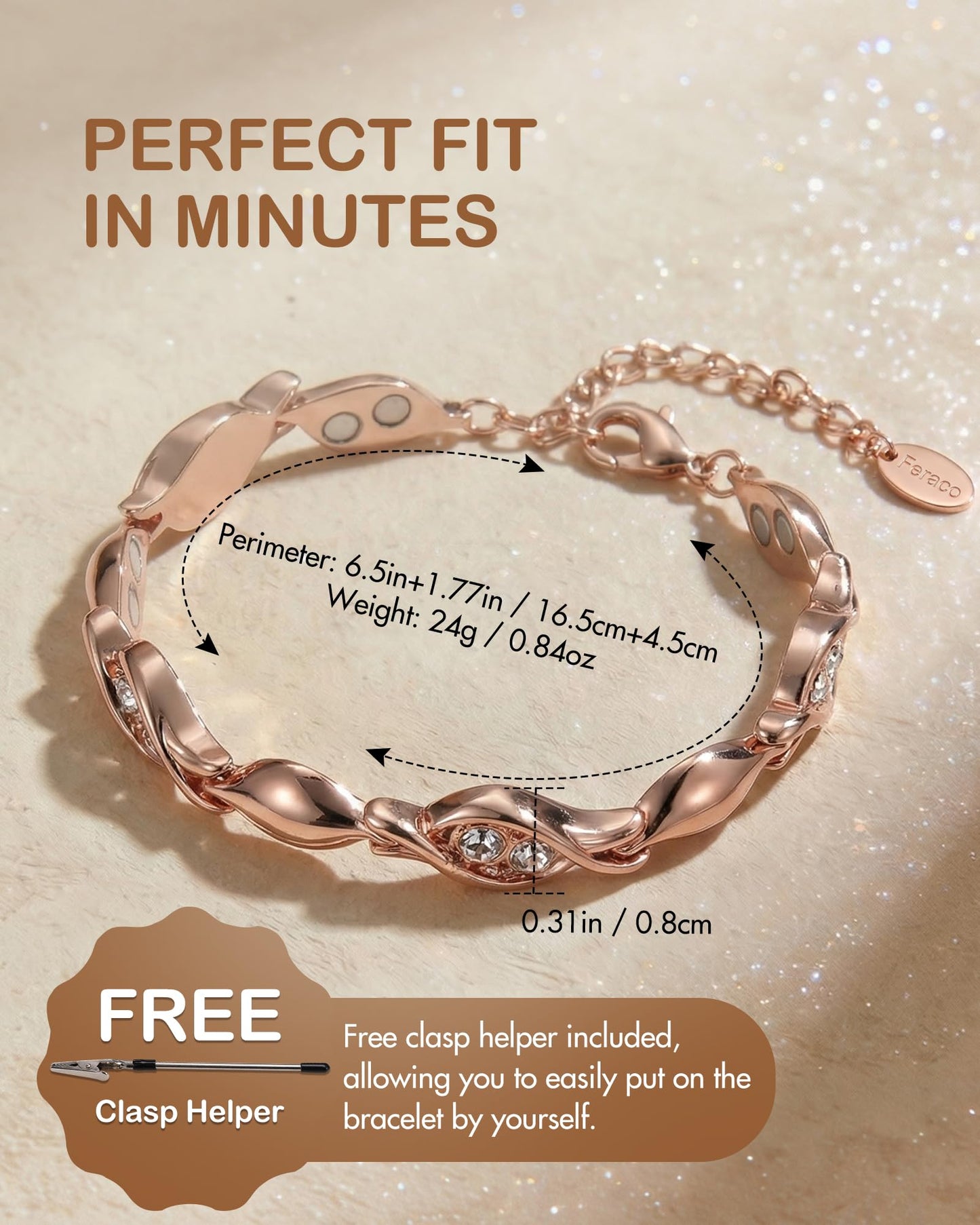 Feraco Pure Copper Bracelets for Women, Ultra Strength Magnetic Bracelet for Women with 3800 Gauss Magnet & Dazzling Austrian Crystals Stone, Copper Jewelry Gift (Rose Gold)