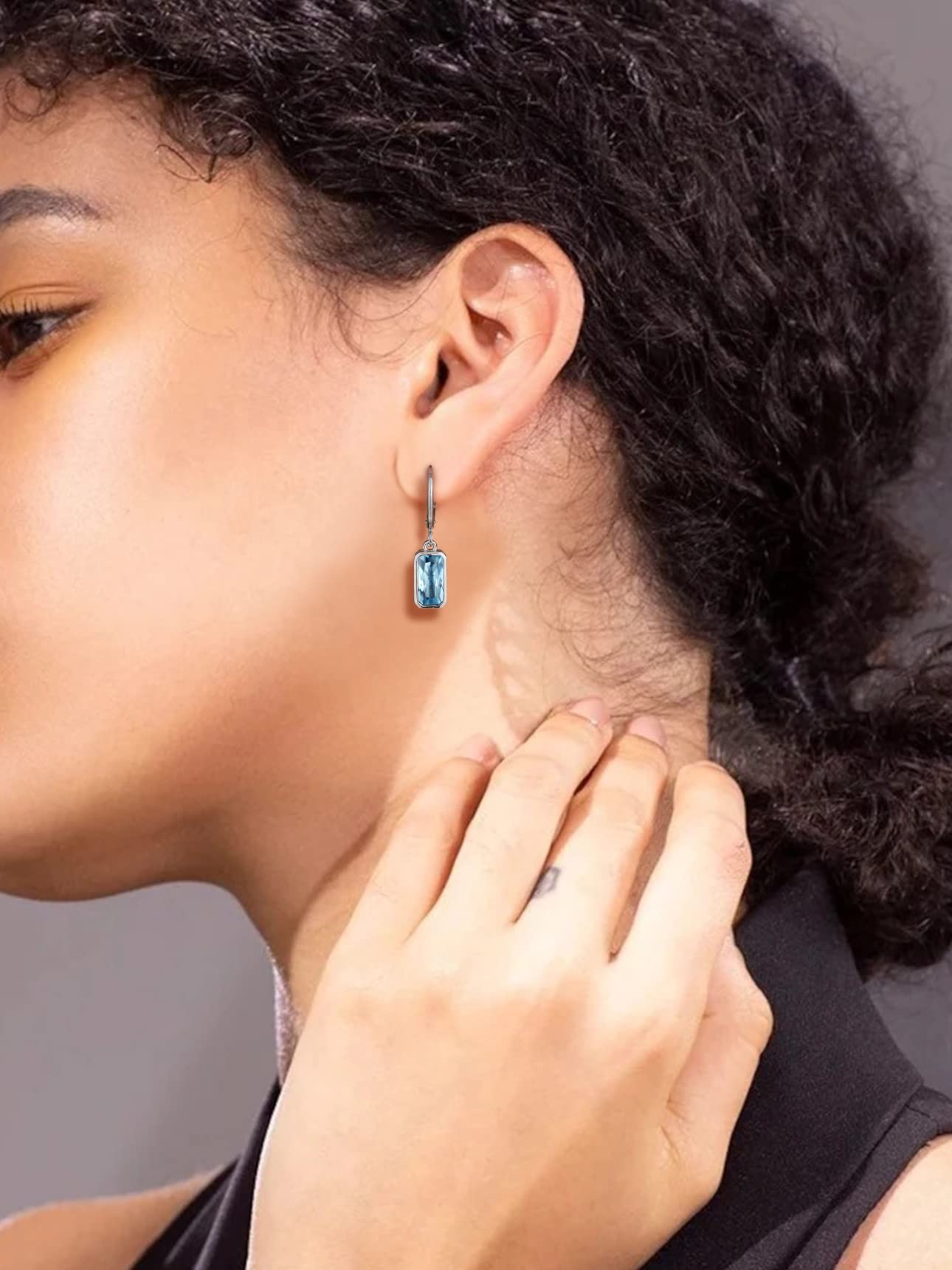 Bestyle Silver March Birthstone Hoop Dangle Earrings - Created Rectangle Aquamarine Crystal Drop Blue Earrings - Trendy Cute Women's Small Hoop CZ Dangle Earrings for Party Gowns
